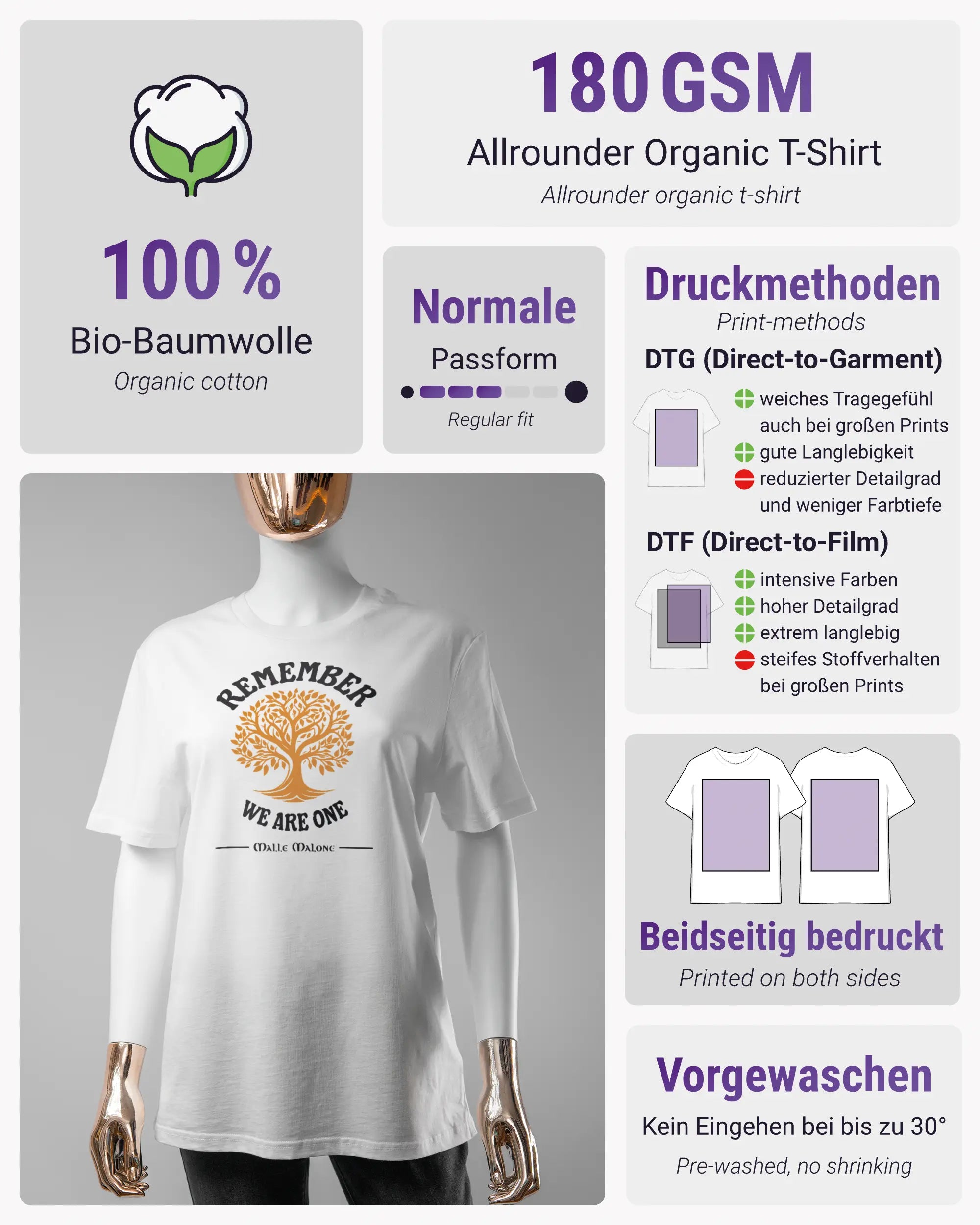 Produktinformationsblatt des Organic Unisex T-Shirt Casual von Maondo mit dem Design We are one vorne in der Farbe White und in der Größe S