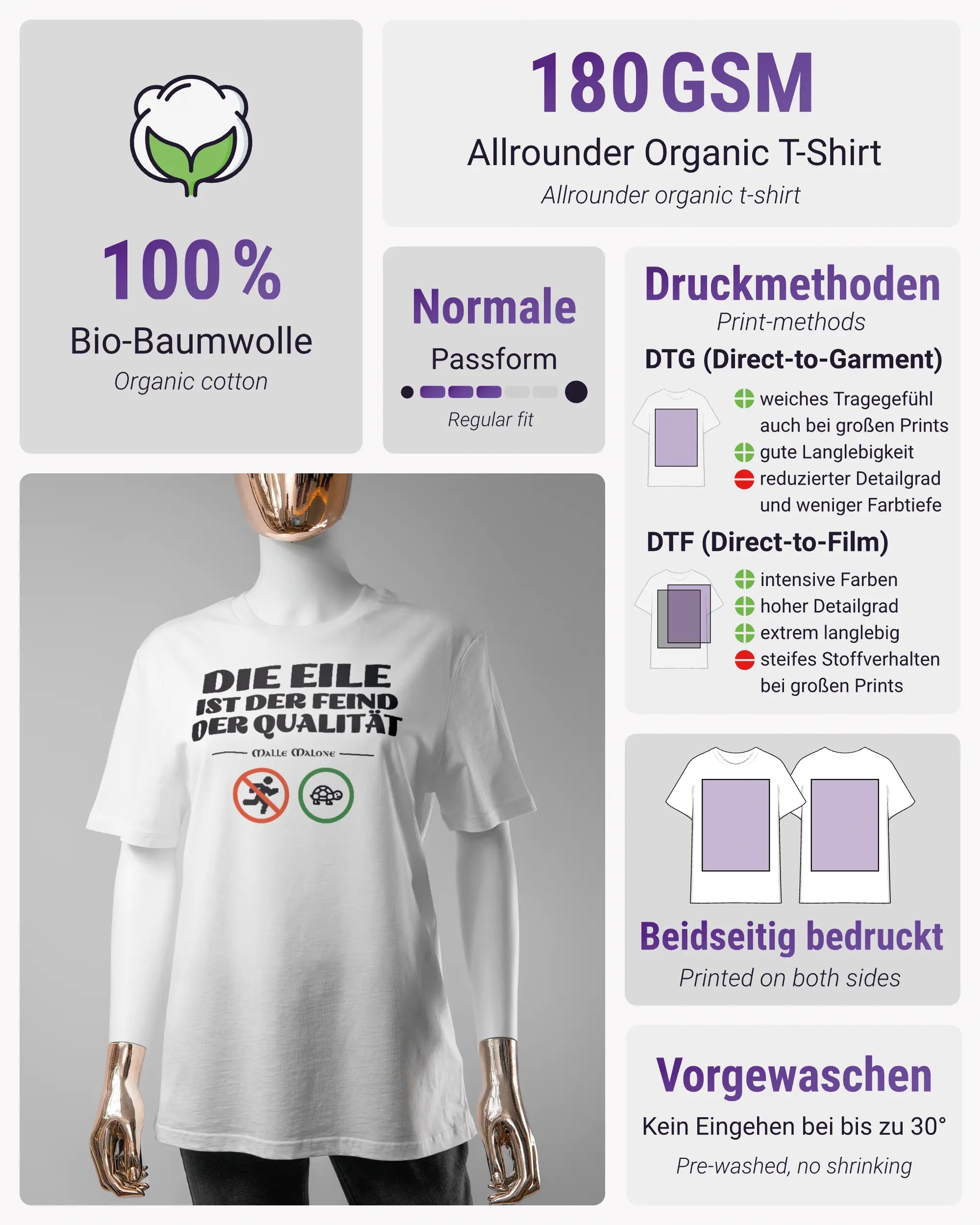 Produktinformationsblatt des Organic Unisex T-Shirt Casual von Maondo mit dem Design Keine Eile vorne in der Farbe White und in der Größe S