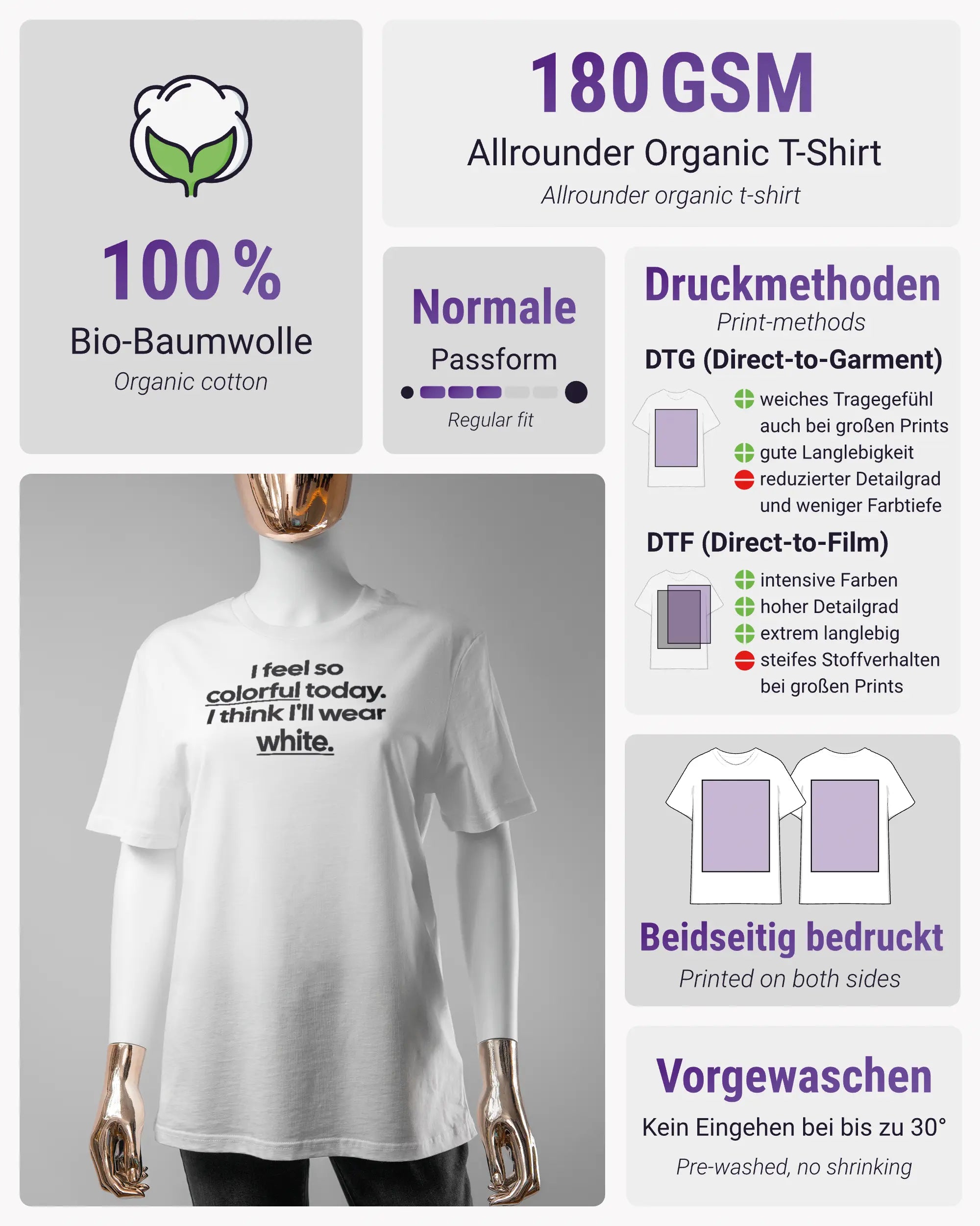 Produktinformationsblatt des Organic Unisex T-Shirt Casual von Maondo mit dem Design Colorful Day vorne in der Farbe White und in der Größe S