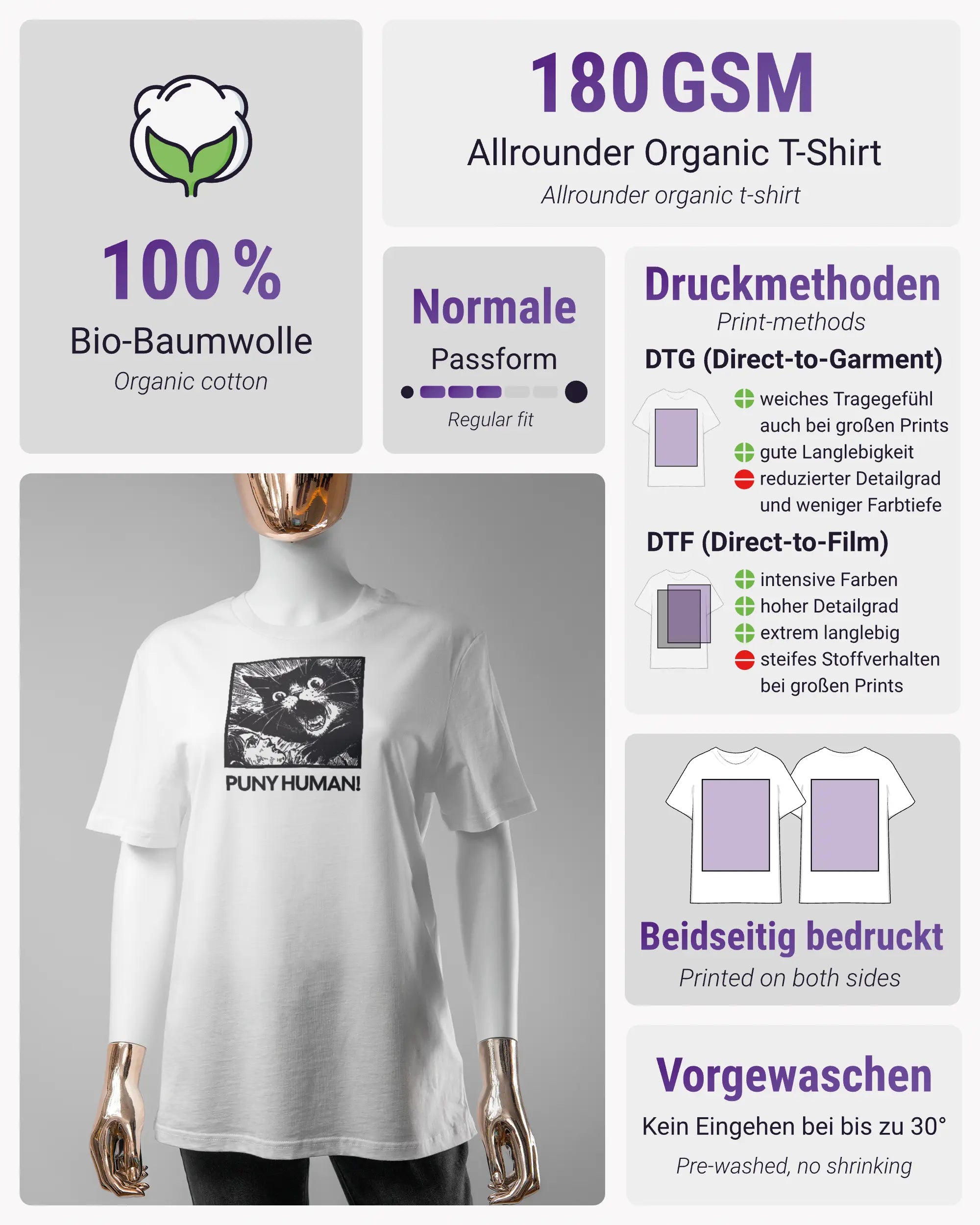Produktinformationsblatt des Organic Unisex T-Shirt Casual von Maondo mit dem Design Puny Human vorne in der Farbe White und in der Größe S