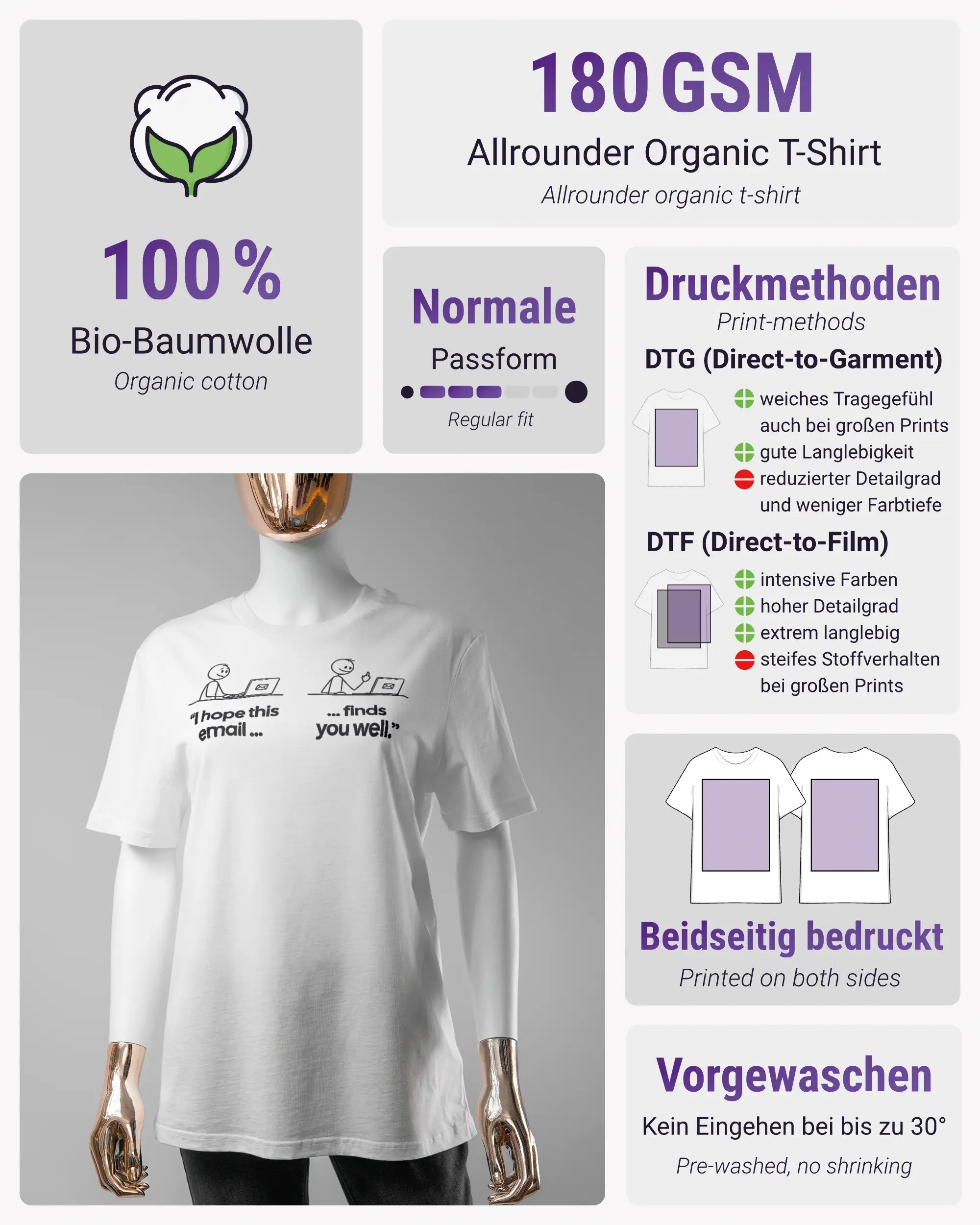 Produktinformationsblatt des Organic Unisex T-Shirt Casual von Maondo mit dem Design Found me not well vorne in der Farbe White und in der Größe S