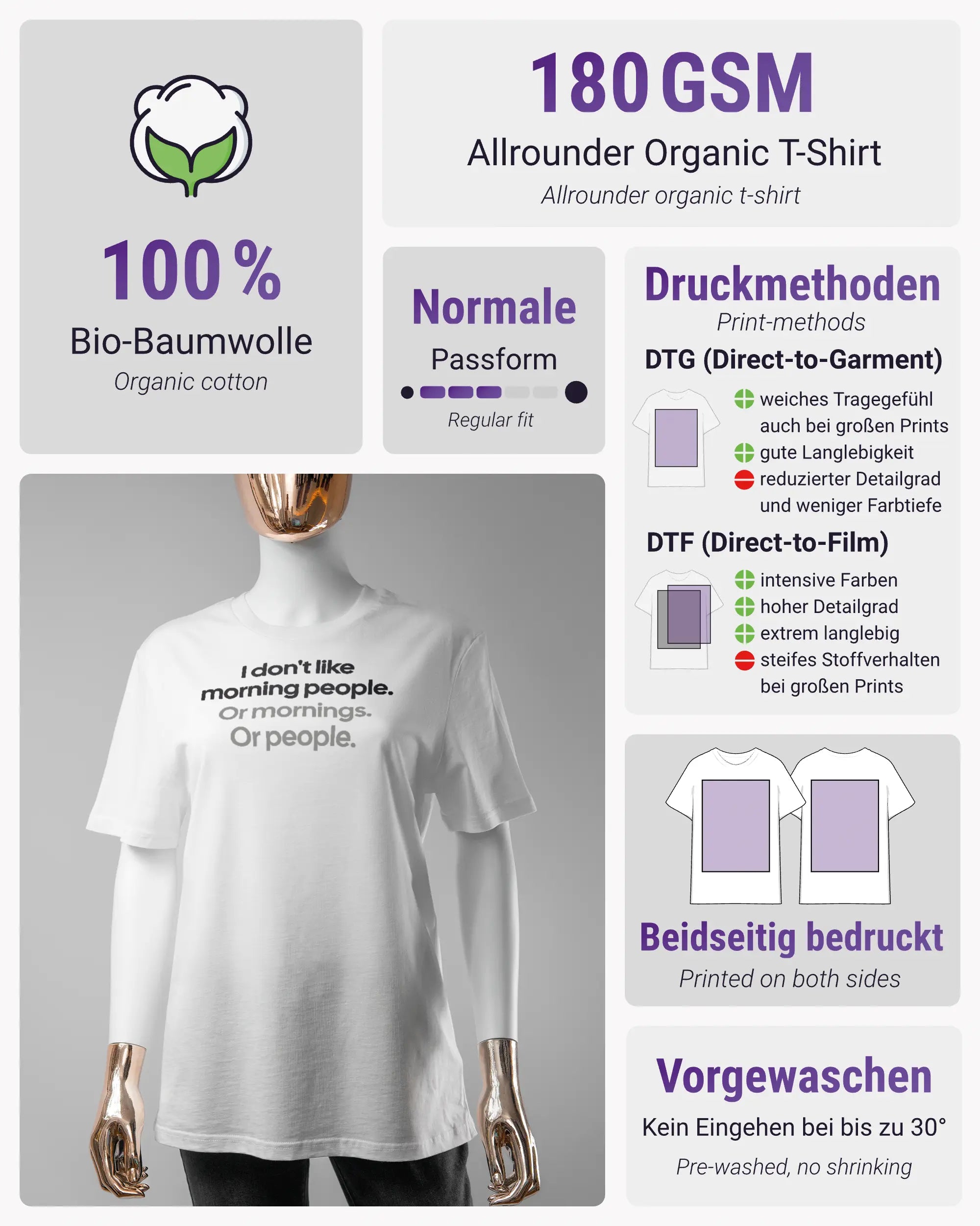 Produktinformationsblatt des Organic Unisex T-Shirt Casual von Maondo mit dem Design Morning Person vorne in der Farbe White und in der Größe S