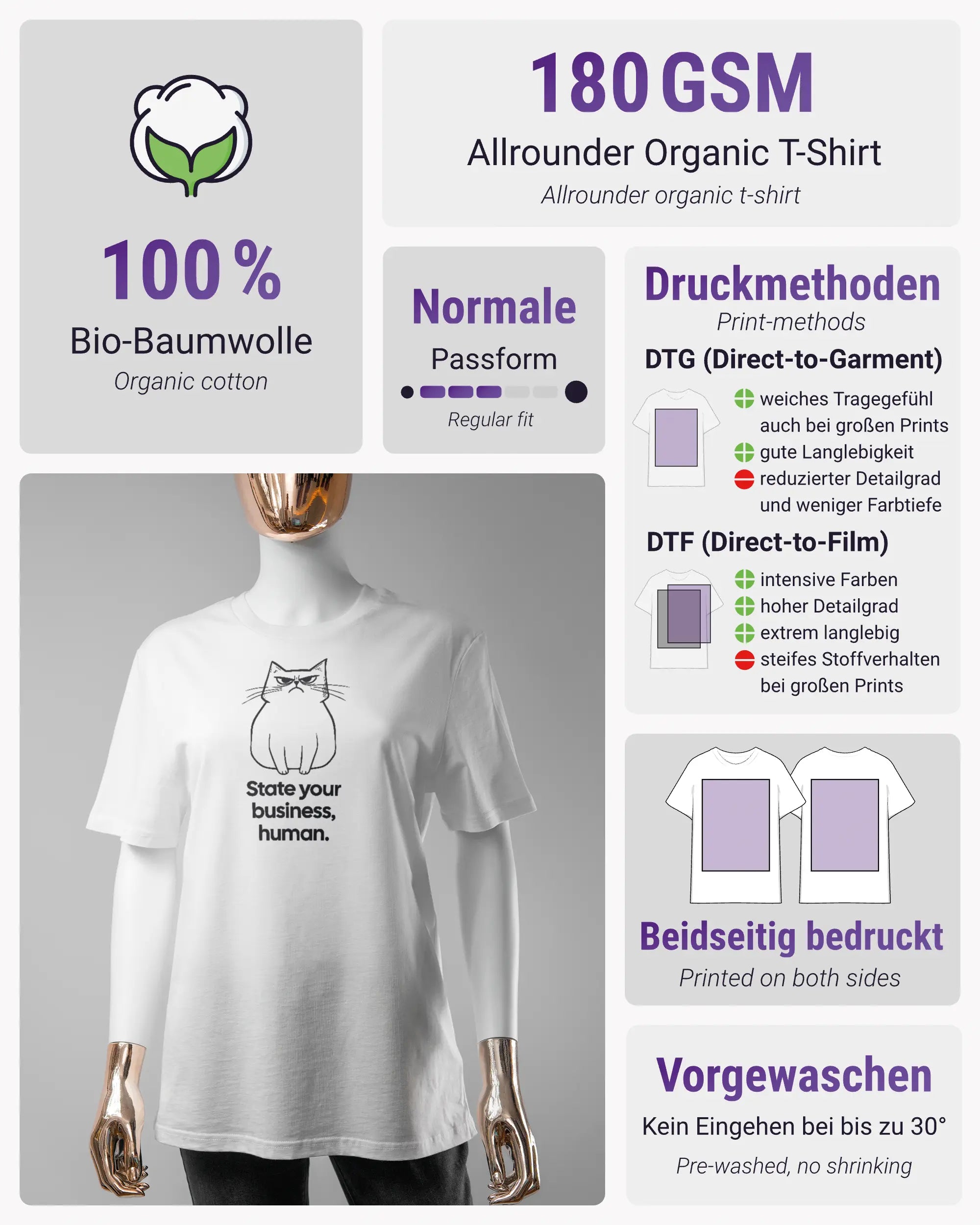 Produktinformationsblatt des Organic Unisex T-Shirt Casual von Maondo mit dem Design Grumpy Purr vorne in der Farbe White und in der Größe S