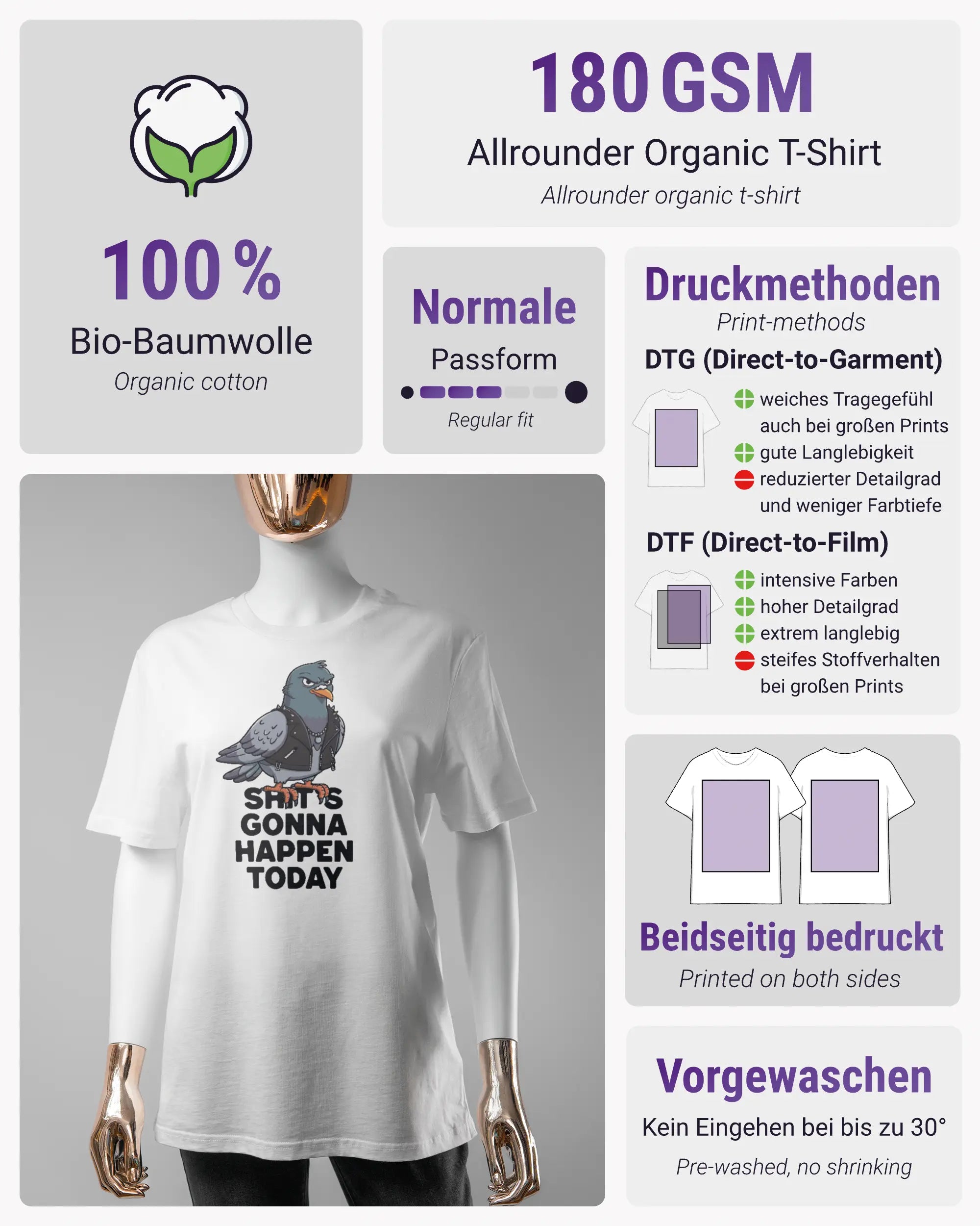 Produktinformationsblatt des Organic Unisex T-Shirt Casual von Maondo mit dem Design Pigeon Pun vorne in der Farbe White und in der Größe S