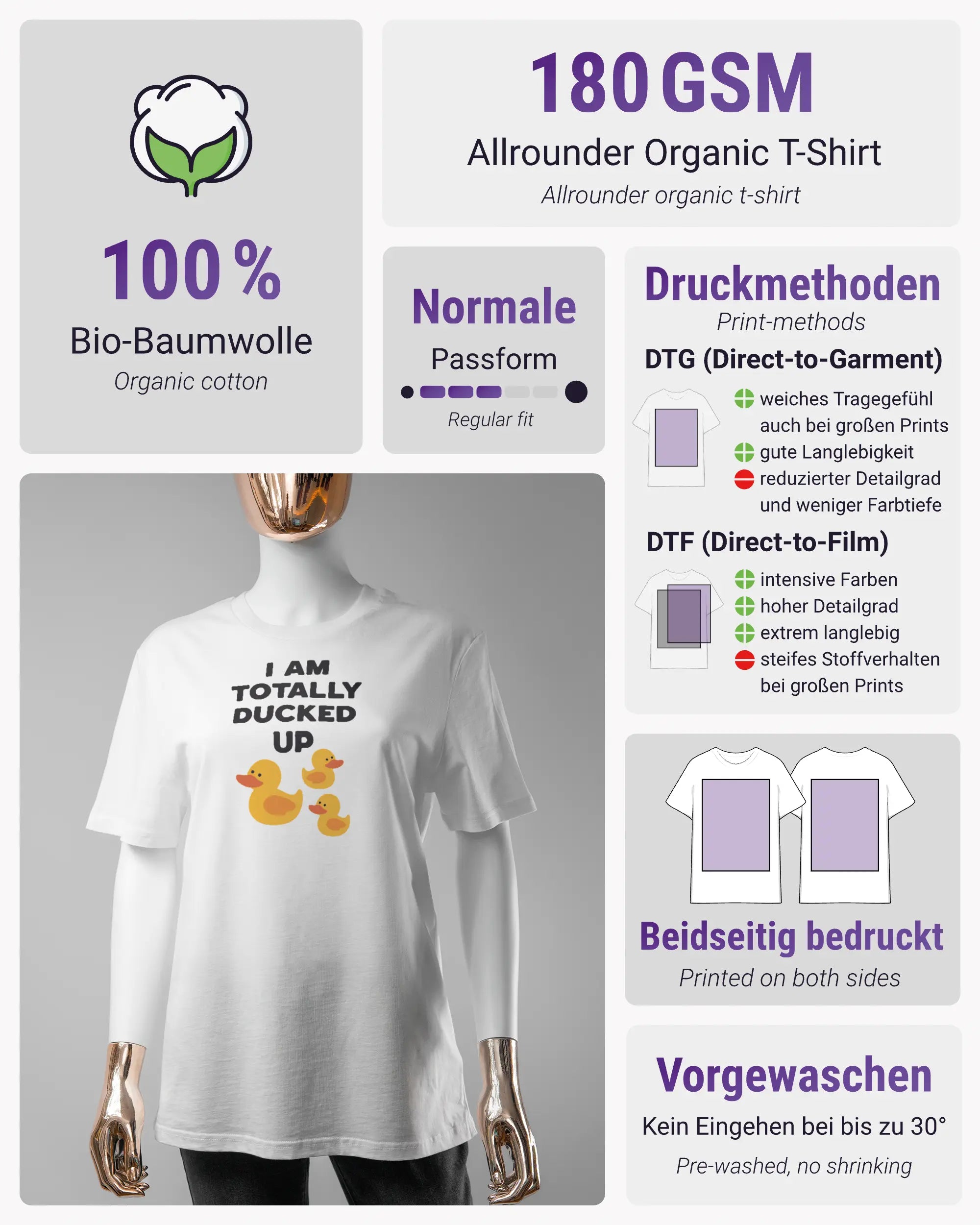 Produktinformationsblatt des Organic Unisex T-Shirt Casual von Maondo mit dem Design Ducked Up vorne in der Farbe White und in der Größe S
