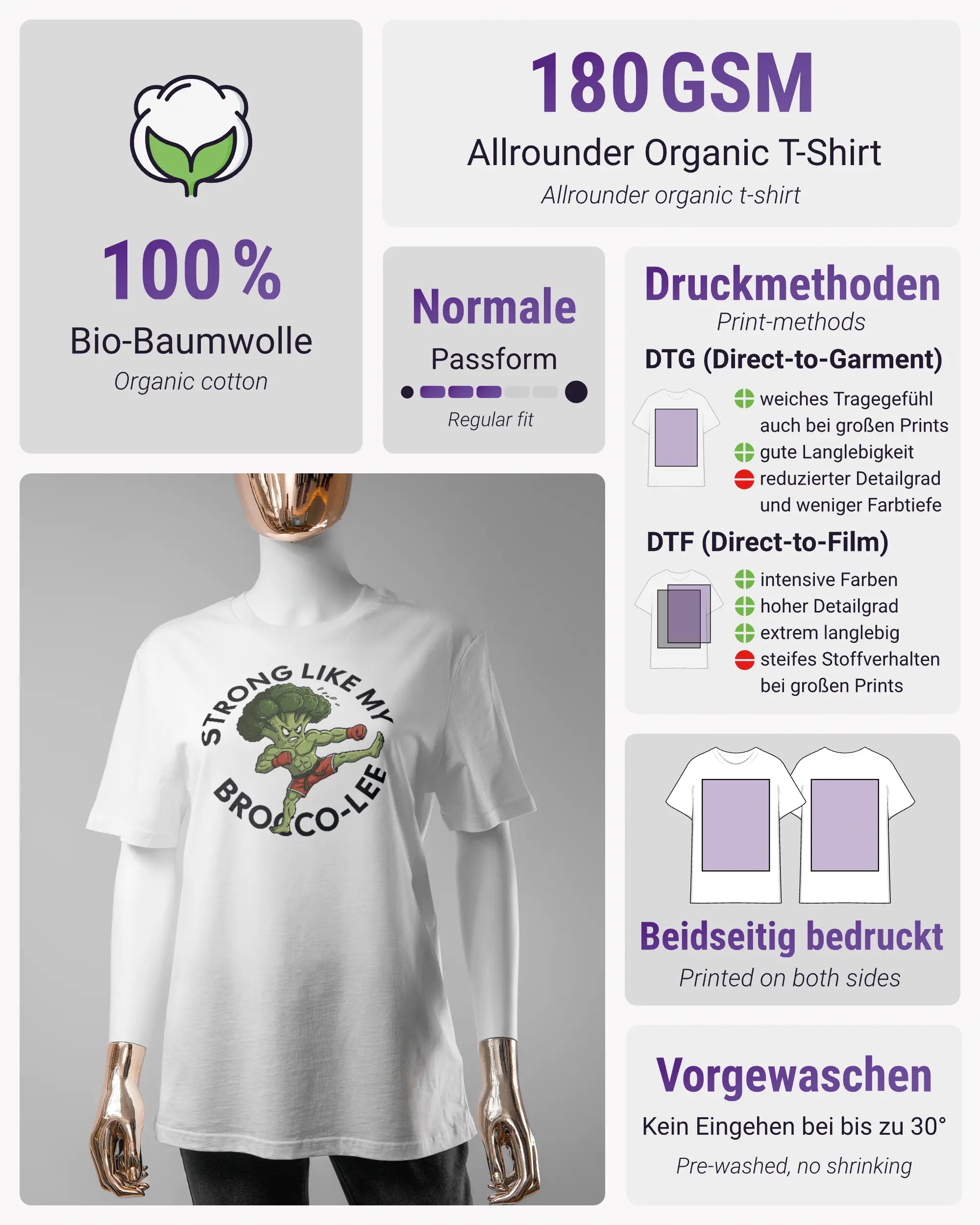 Produktinformationsblatt des Organic Unisex T-Shirt Casual von Maondo mit dem Design Brocco-Lee vorne in der Farbe White und in der Größe S
