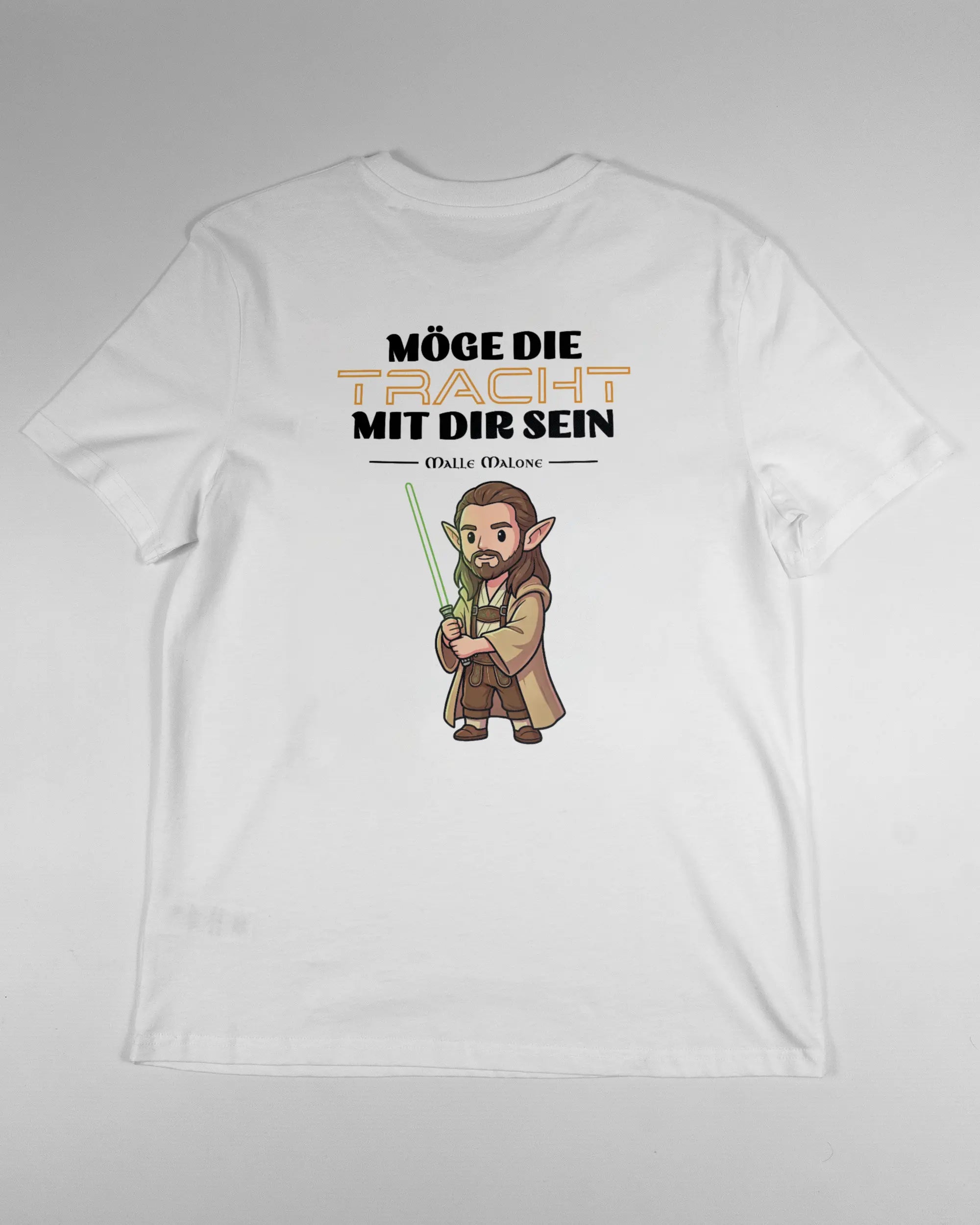 Rückseite des Organic Unisex T-Shirt Casual von Maondo mit dem Design Tracht mit dir in der Farbe White und in der Größe S flach auf den Boden gelegt