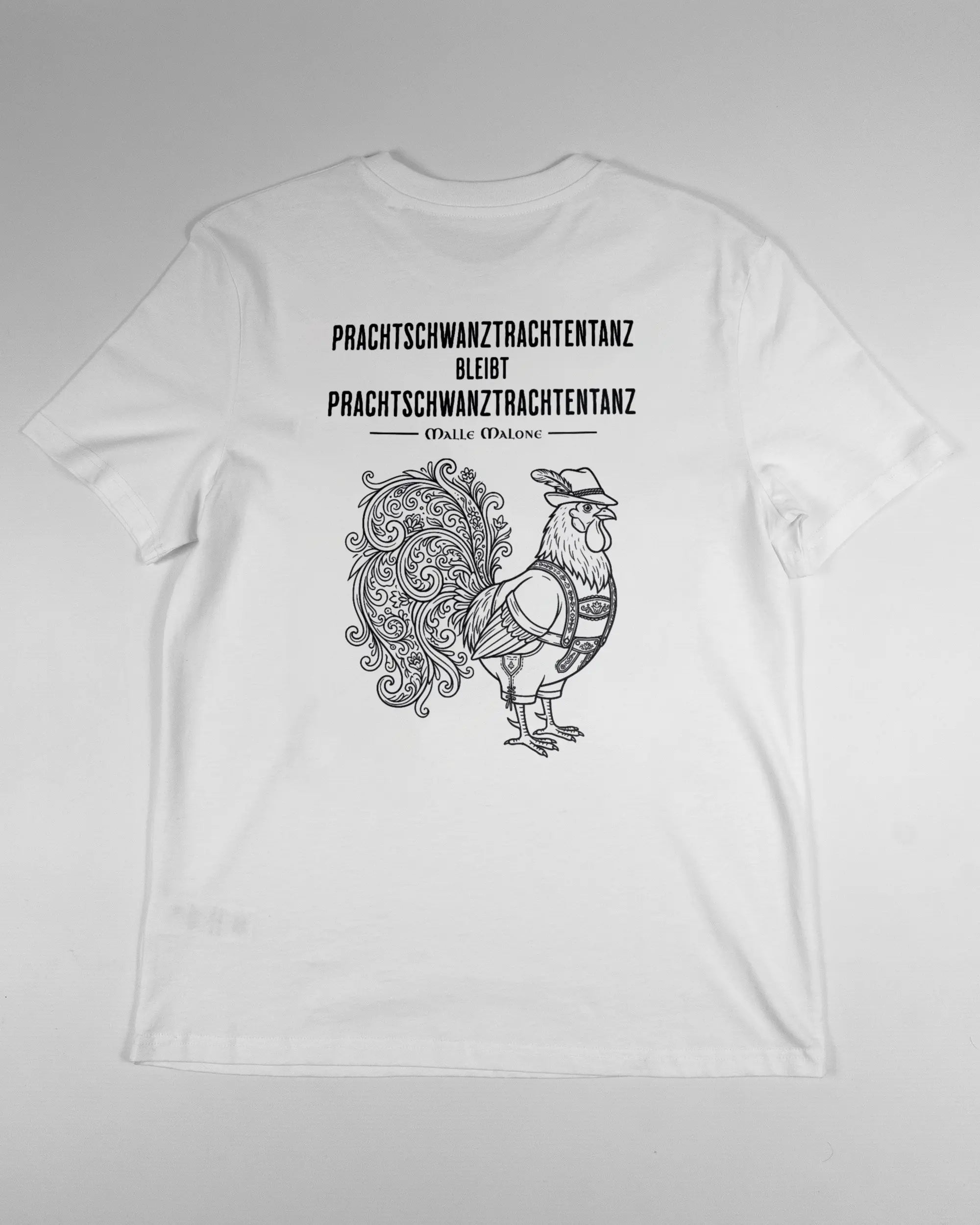 Rückseite des Organic Unisex T-Shirt Casual von Maondo mit dem Design Trachtentanz in der Farbe White und in der Größe S flach auf den Boden gelegt
