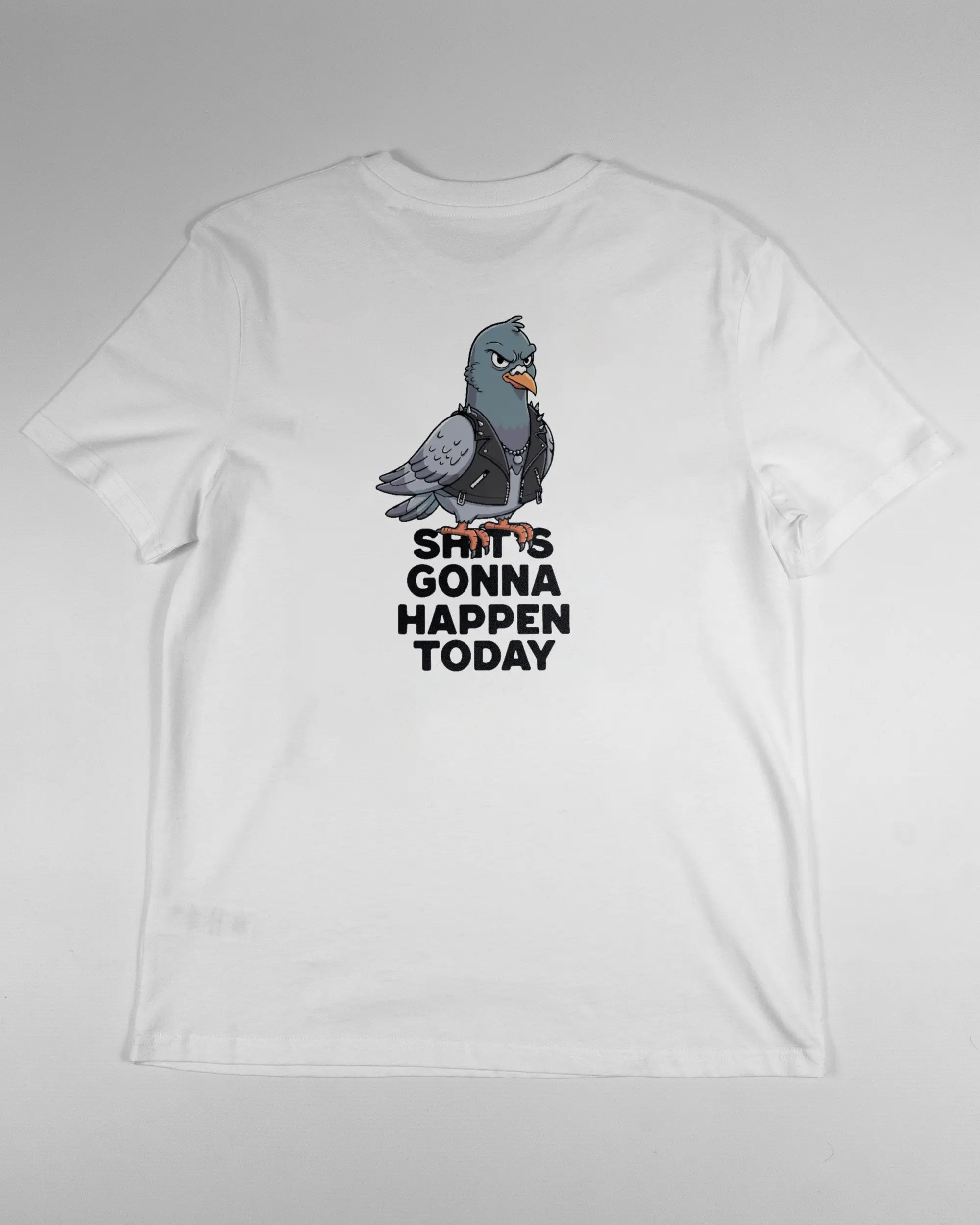 Rückseite des Organic Unisex T-Shirt Casual von Maondo mit dem Design Pigeon Pun in der Farbe White und in der Größe S flach auf den Boden gelegt