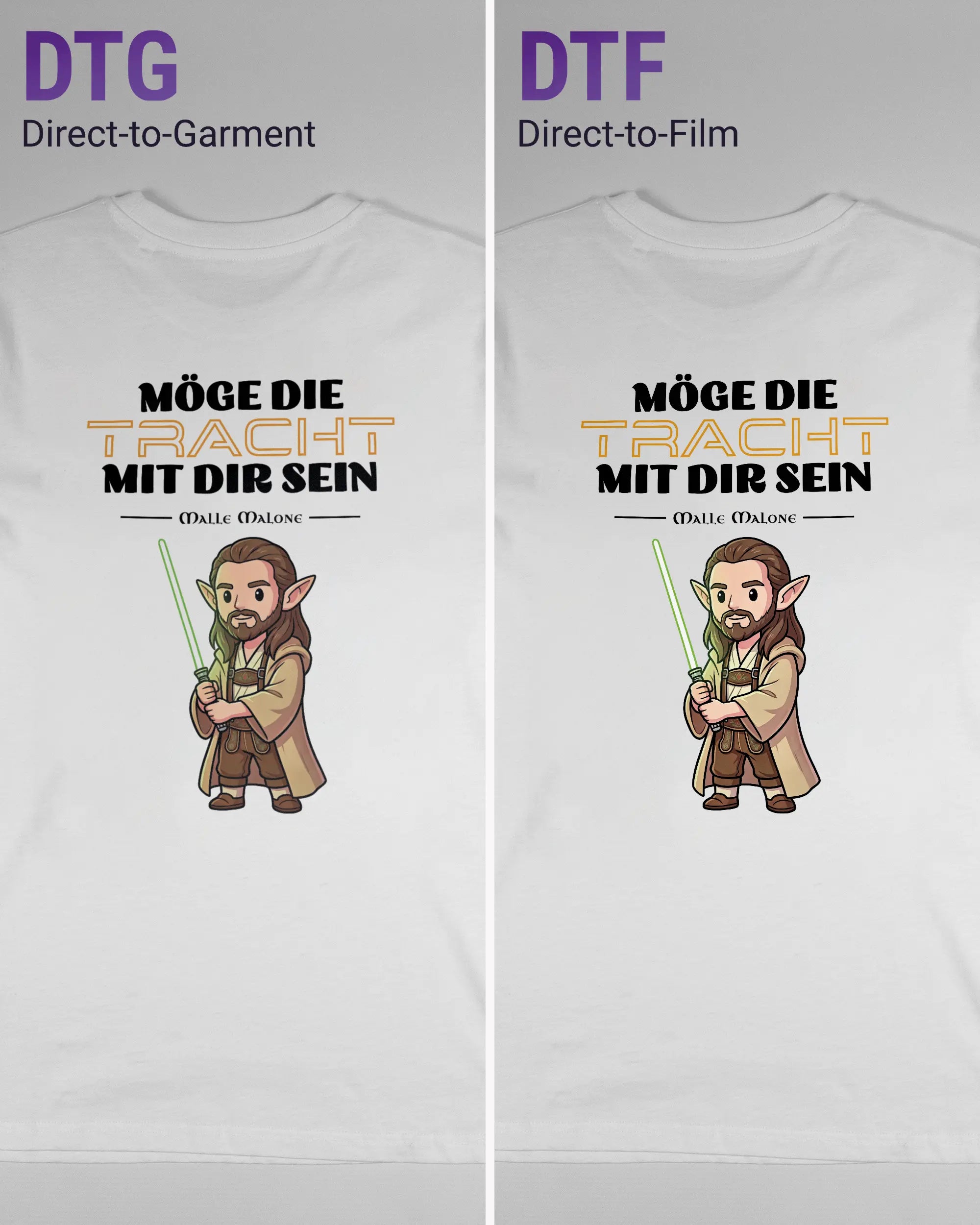 Vergleich der Rückseiten des Organic Unisex T-Shirt Casual von Maondo mit dem Design Tracht mit dir in der Farbe White und in der Größe S links mit dem Direct-to-Garment und rechts mit dem Direct-to-Film Verfahren