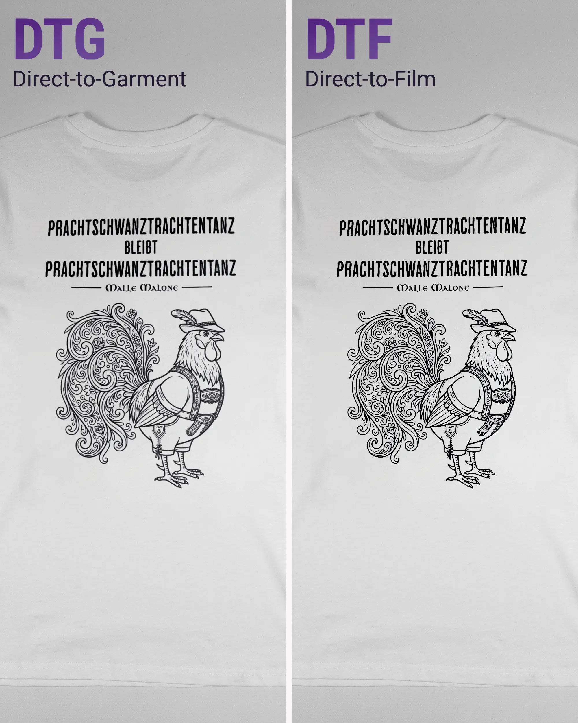 Vergleich der Rückseiten des Organic Unisex T-Shirt Casual von Maondo mit dem Design Trachtentanz in der Farbe White und in der Größe S links mit dem Direct-to-Garment und rechts mit dem Direct-to-Film Verfahren