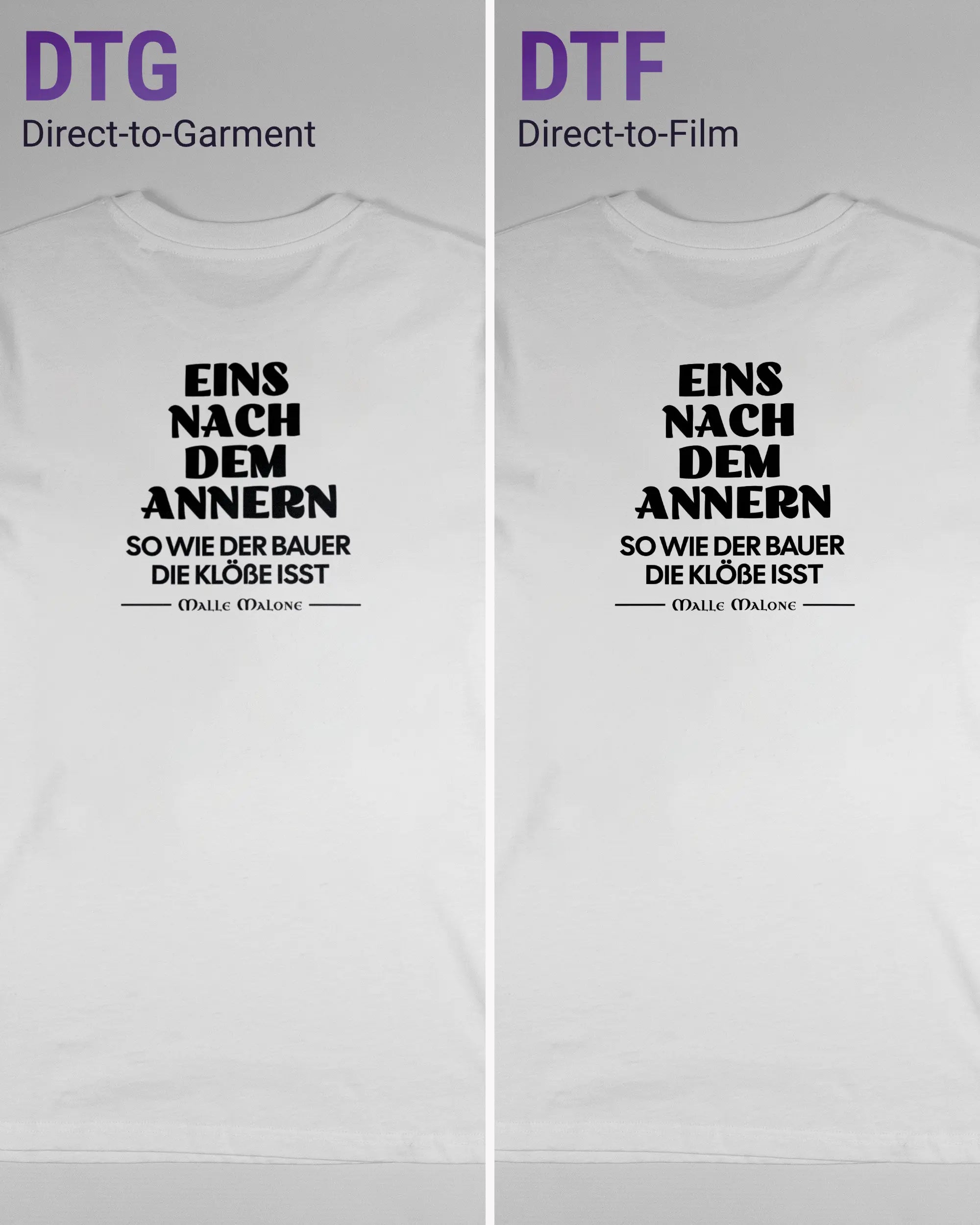 Vergleich der Rückseiten des Organic Unisex T-Shirt Casual von Maondo mit dem Design Eins nach dem Annern in der Farbe White und in der Größe S links mit dem Direct-to-Garment und rechts mit dem Direct-to-Film Verfahren