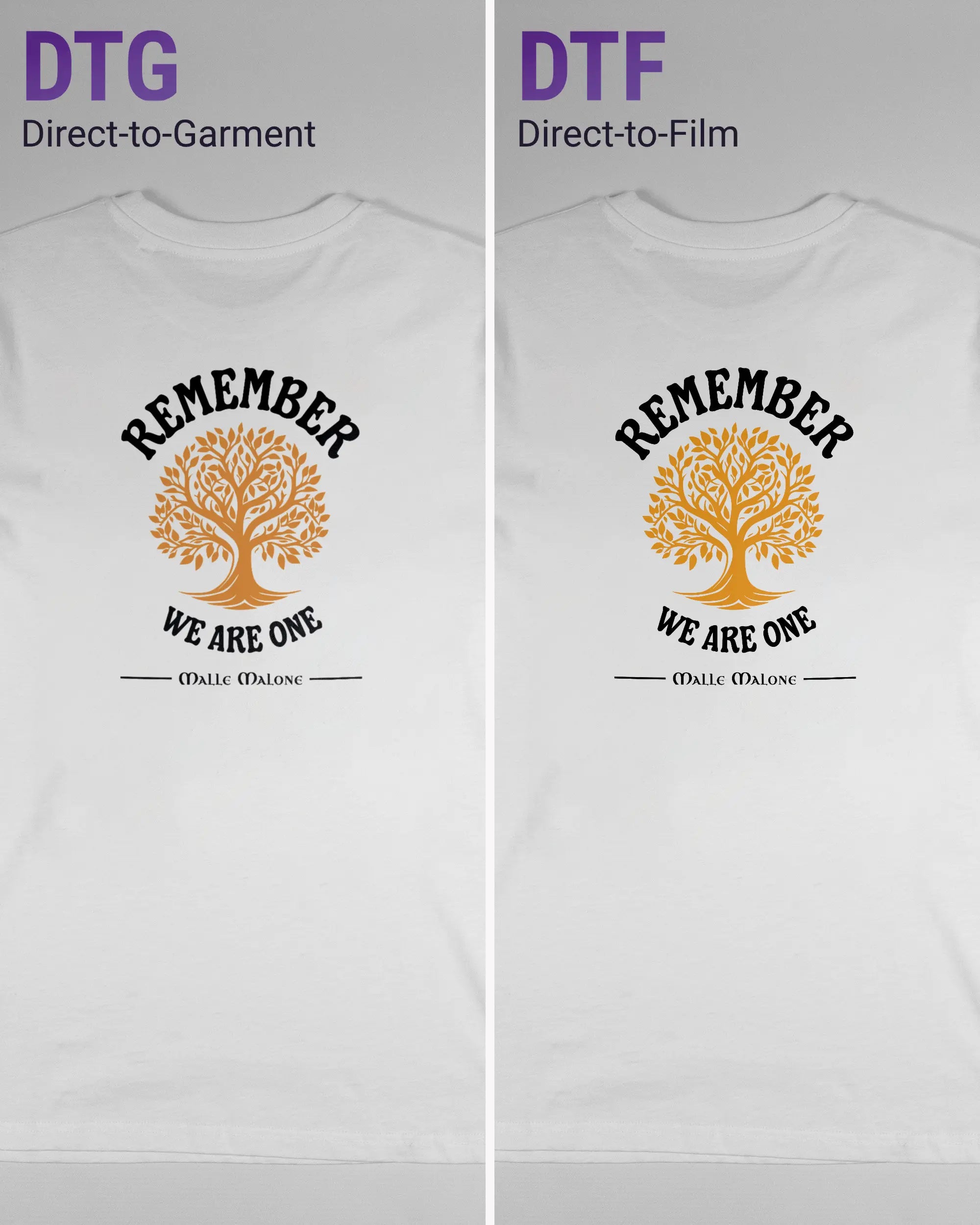 Vergleich der Rückseiten des Organic Unisex T-Shirt Casual von Maondo mit dem Design We are one in der Farbe White und in der Größe S links mit dem Direct-to-Garment und rechts mit dem Direct-to-Film Verfahren