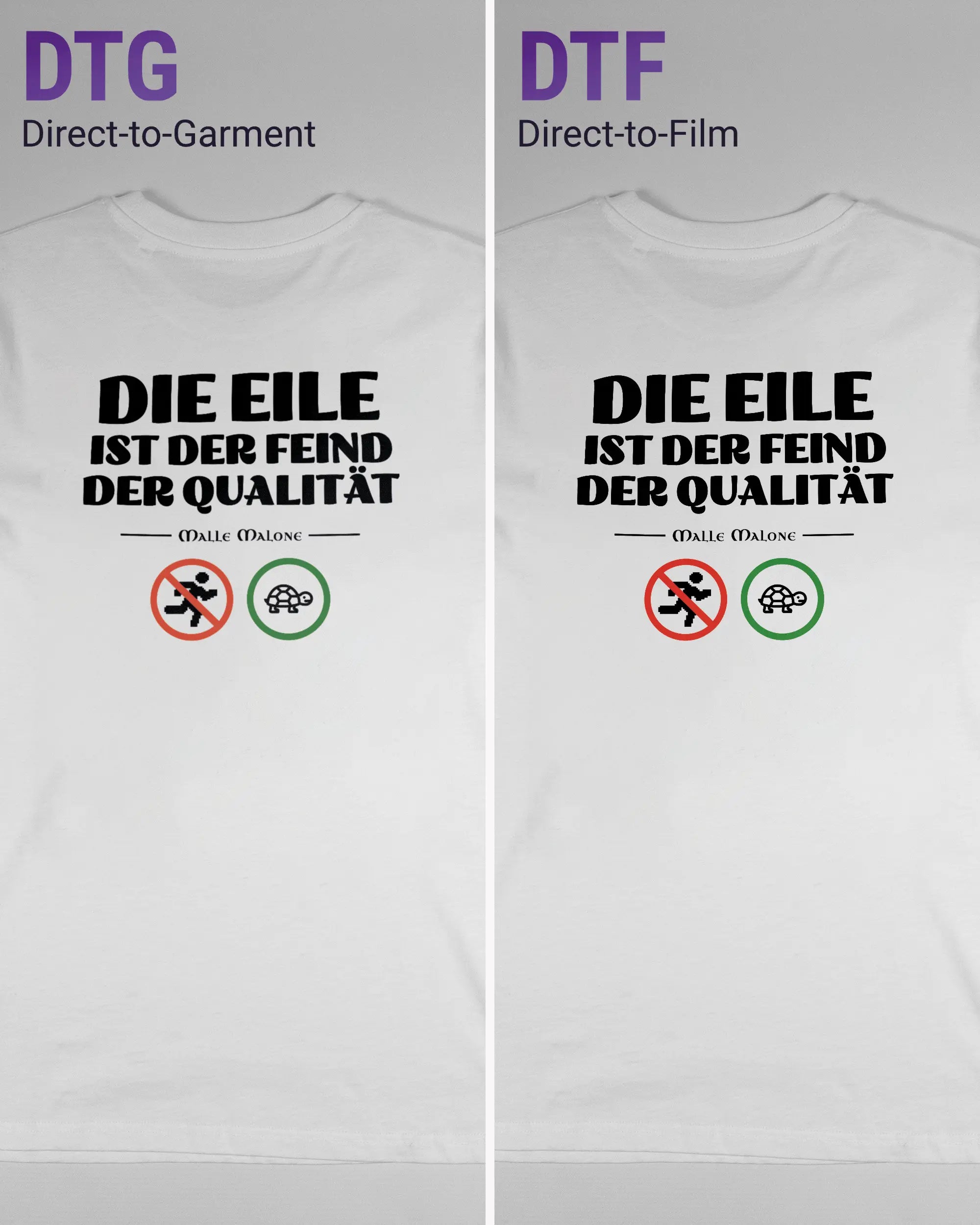 Vergleich der Rückseiten des Organic Unisex T-Shirt Casual von Maondo mit dem Design Keine Eile in der Farbe White und in der Größe S links mit dem Direct-to-Garment und rechts mit dem Direct-to-Film Verfahren