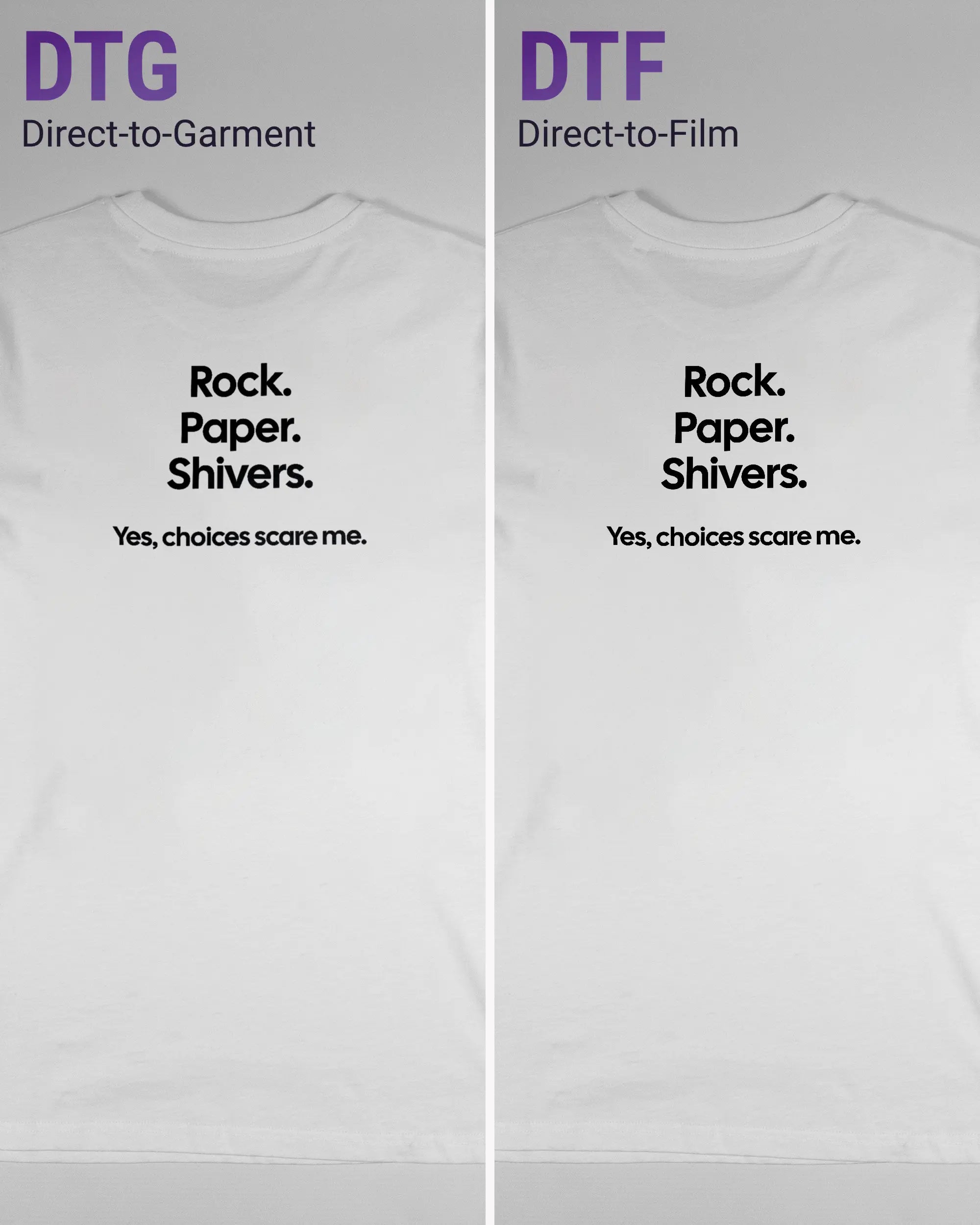 Vergleich der Rückseiten des Organic Unisex T-Shirt Casual von Maondo mit dem Design Rock Paper Shivers in der Farbe White und in der Größe S links mit dem Direct-to-Garment und rechts mit dem Direct-to-Film Verfahren