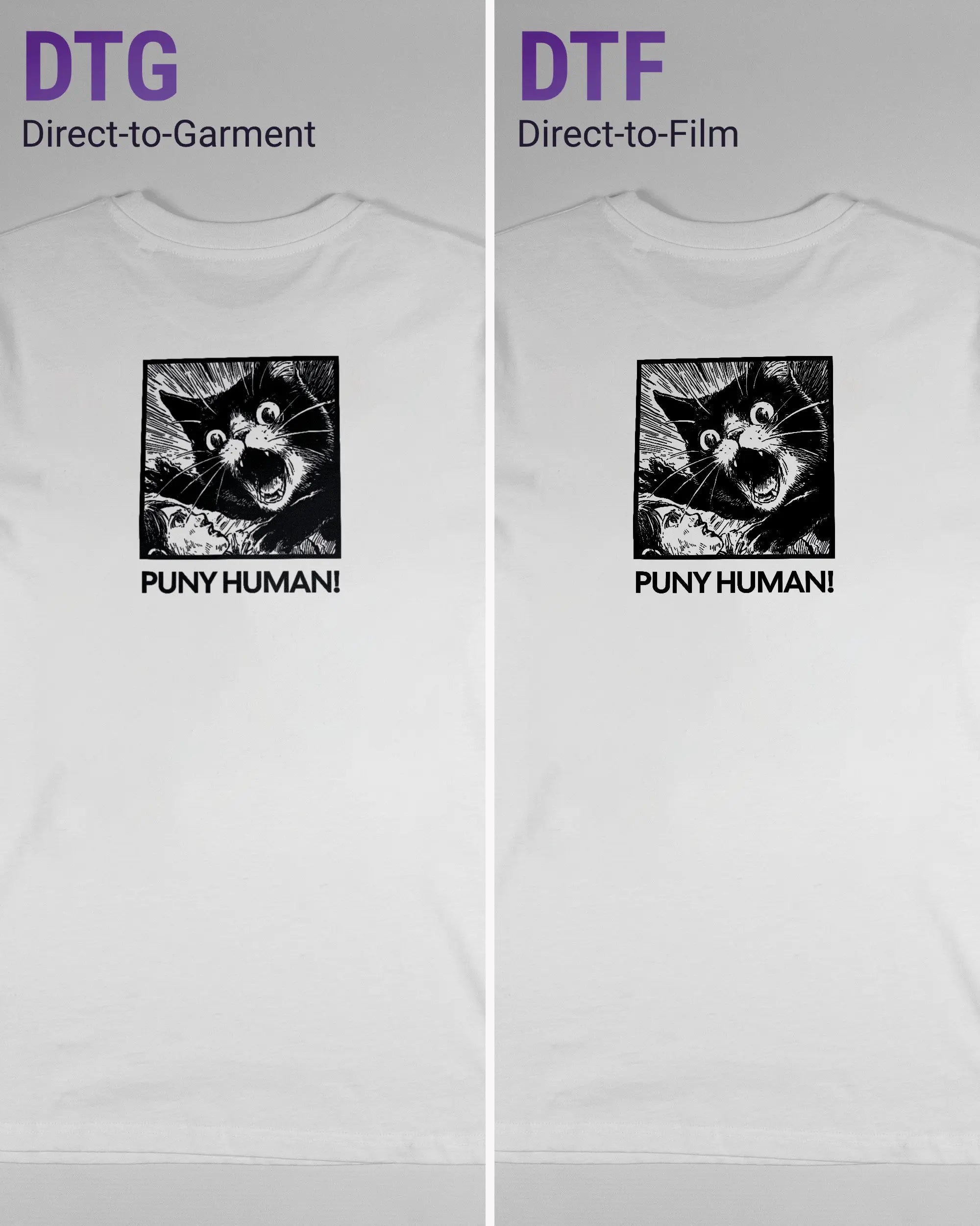 Vergleich der Rückseiten des Organic Unisex T-Shirt Casual von Maondo mit dem Design Puny Human in der Farbe White und in der Größe S links mit dem Direct-to-Garment und rechts mit dem Direct-to-Film Verfahren