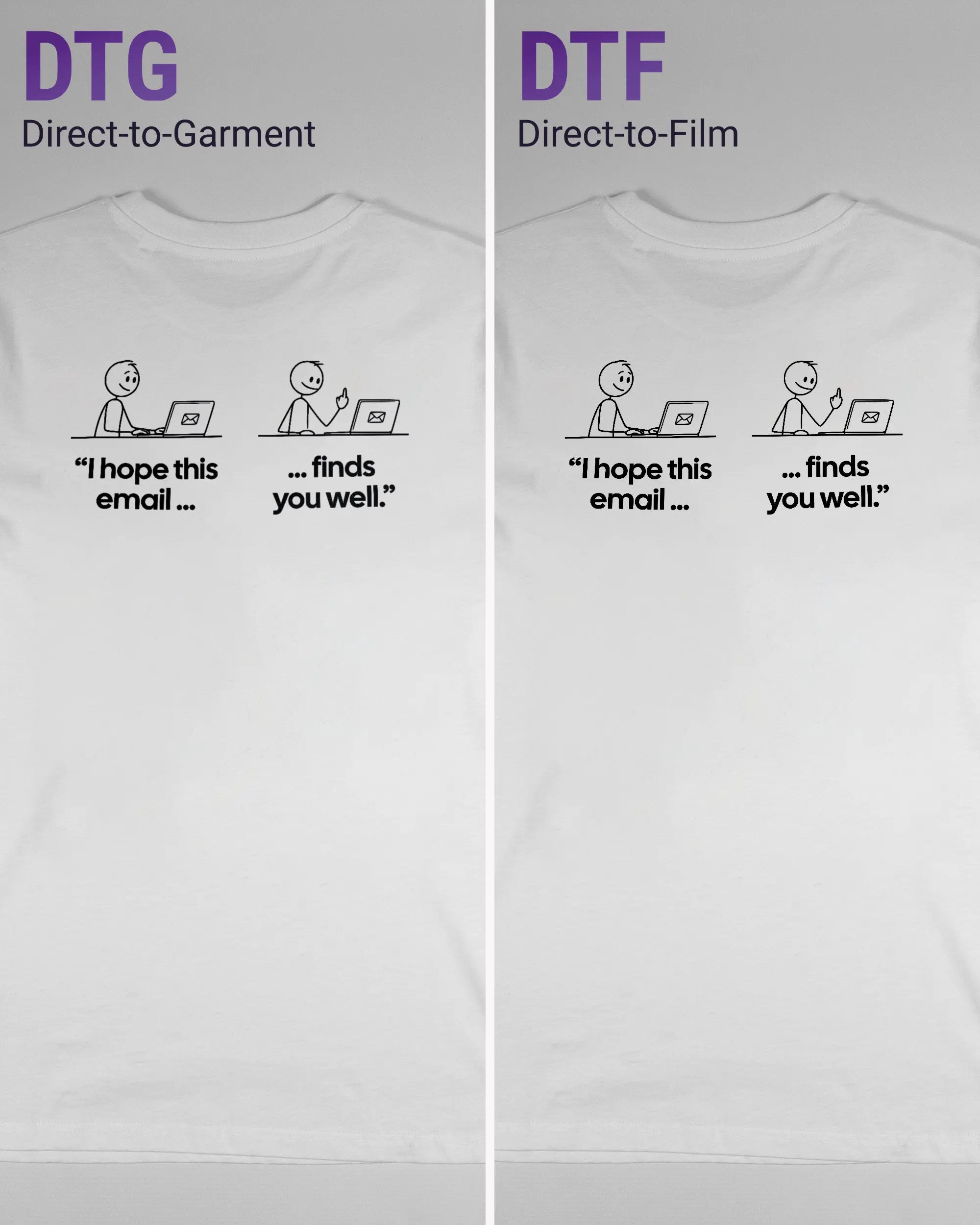 Vergleich der Rückseiten des Organic Unisex T-Shirt Casual von Maondo mit dem Design Found me not well in der Farbe White und in der Größe S links mit dem Direct-to-Garment und rechts mit dem Direct-to-Film Verfahren