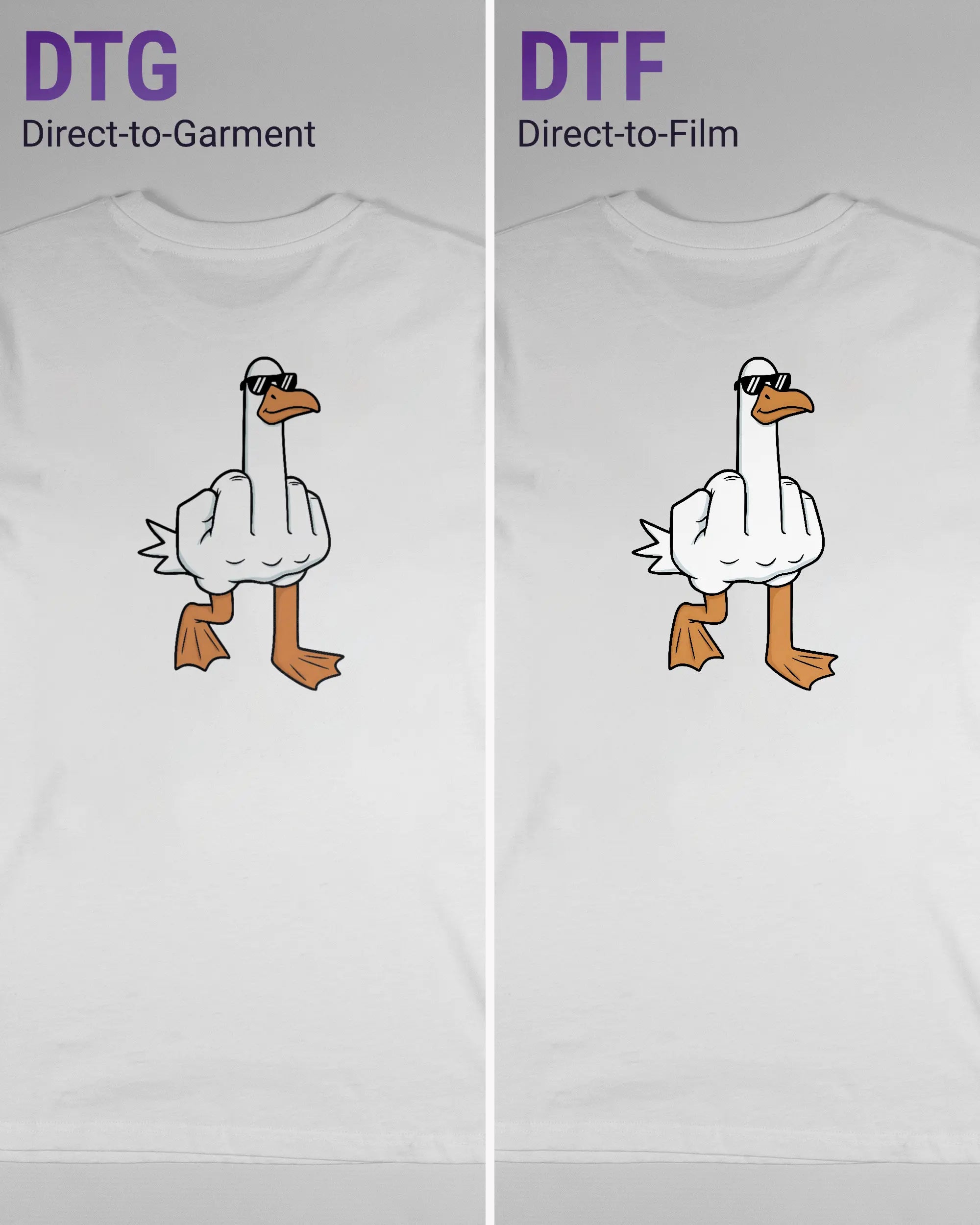 Vergleich der Rückseiten des Organic Unisex T-Shirt Casual von Maondo mit dem Design I give a duck in der Farbe White und in der Größe S links mit dem Direct-to-Garment und rechts mit dem Direct-to-Film Verfahren