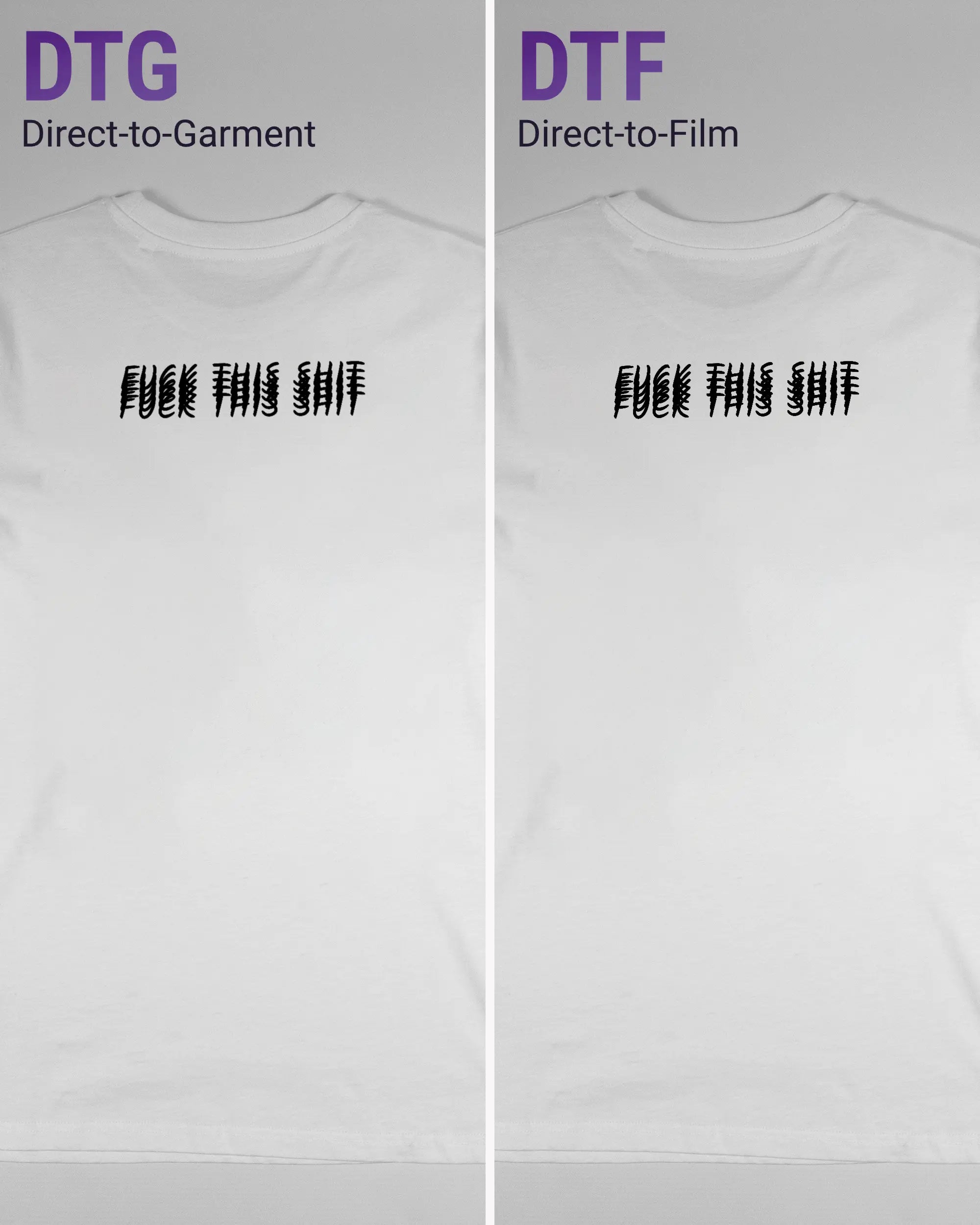 Vergleich der Rückseiten des Organic Unisex T-Shirt Casual von Maondo mit dem Design Hidden Message in der Farbe White und in der Größe S links mit dem Direct-to-Garment und rechts mit dem Direct-to-Film Verfahren