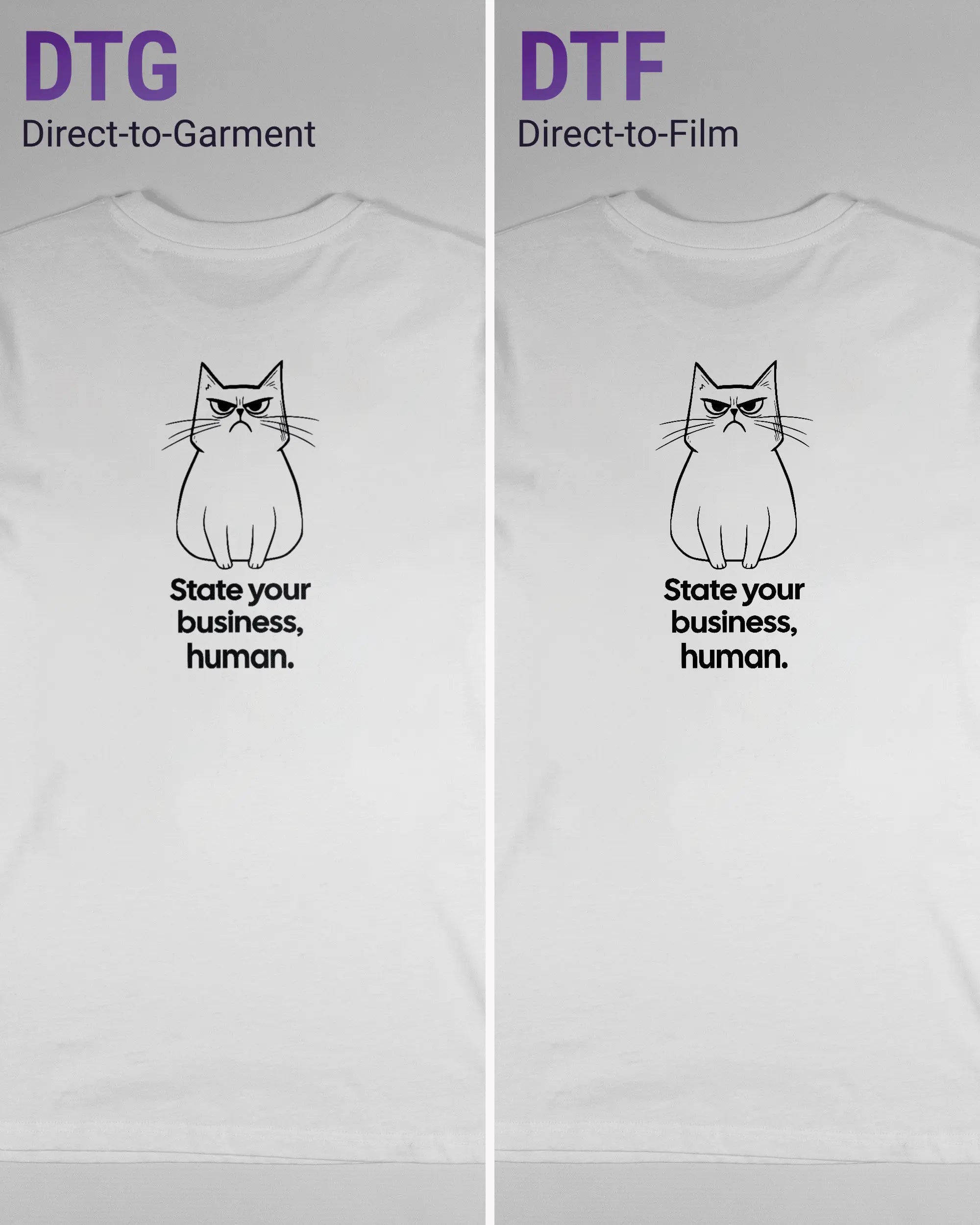 Vergleich der Rückseiten des Organic Unisex T-Shirt Casual von Maondo mit dem Design Grumpy Purr in der Farbe White und in der Größe S links mit dem Direct-to-Garment und rechts mit dem Direct-to-Film Verfahren