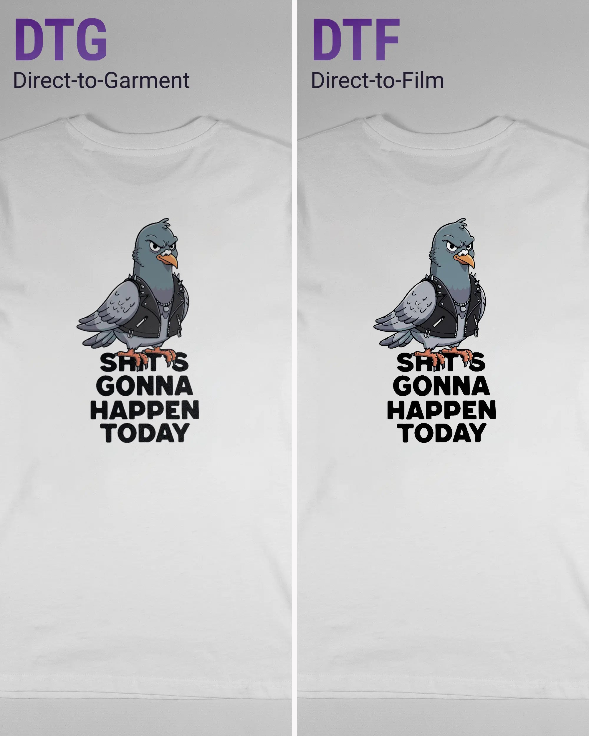 Vergleich der Rückseiten des Organic Unisex T-Shirt Casual von Maondo mit dem Design Pigeon Pun in der Farbe White und in der Größe S links mit dem Direct-to-Garment und rechts mit dem Direct-to-Film Verfahren