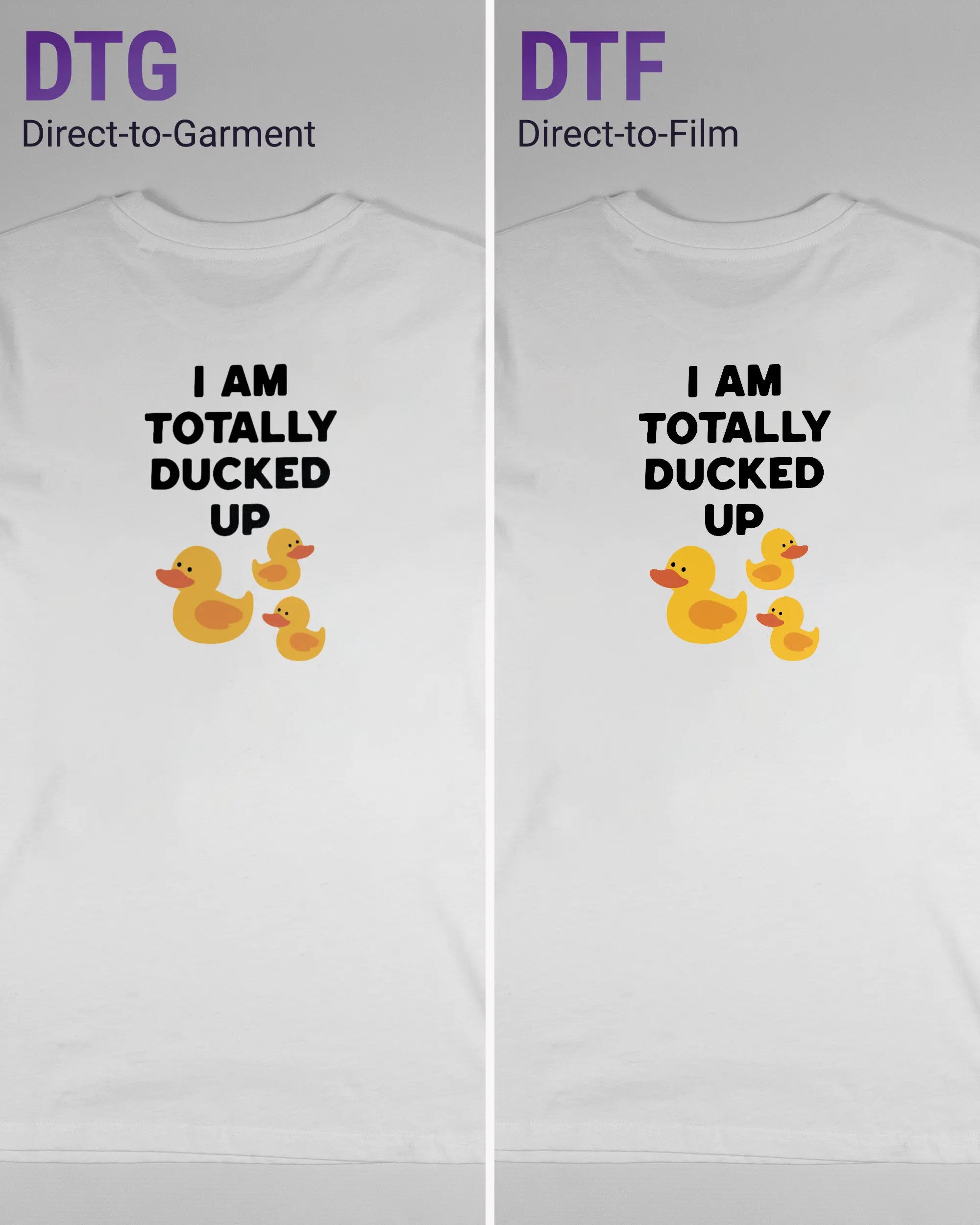 Vergleich der Rückseiten des Organic Unisex T-Shirt Casual von Maondo mit dem Design Ducked Up in der Farbe White und in der Größe S links mit dem Direct-to-Garment und rechts mit dem Direct-to-Film Verfahren