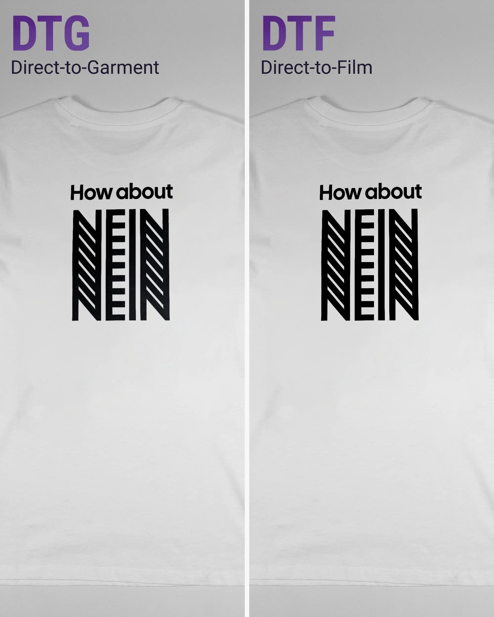 Vergleich der Rückseiten des Organic Unisex T-Shirt Casual von Maondo mit dem Design How about nein in der Farbe White und in der Größe S links mit dem Direct-to-Garment und rechts mit dem Direct-to-Film Verfahren