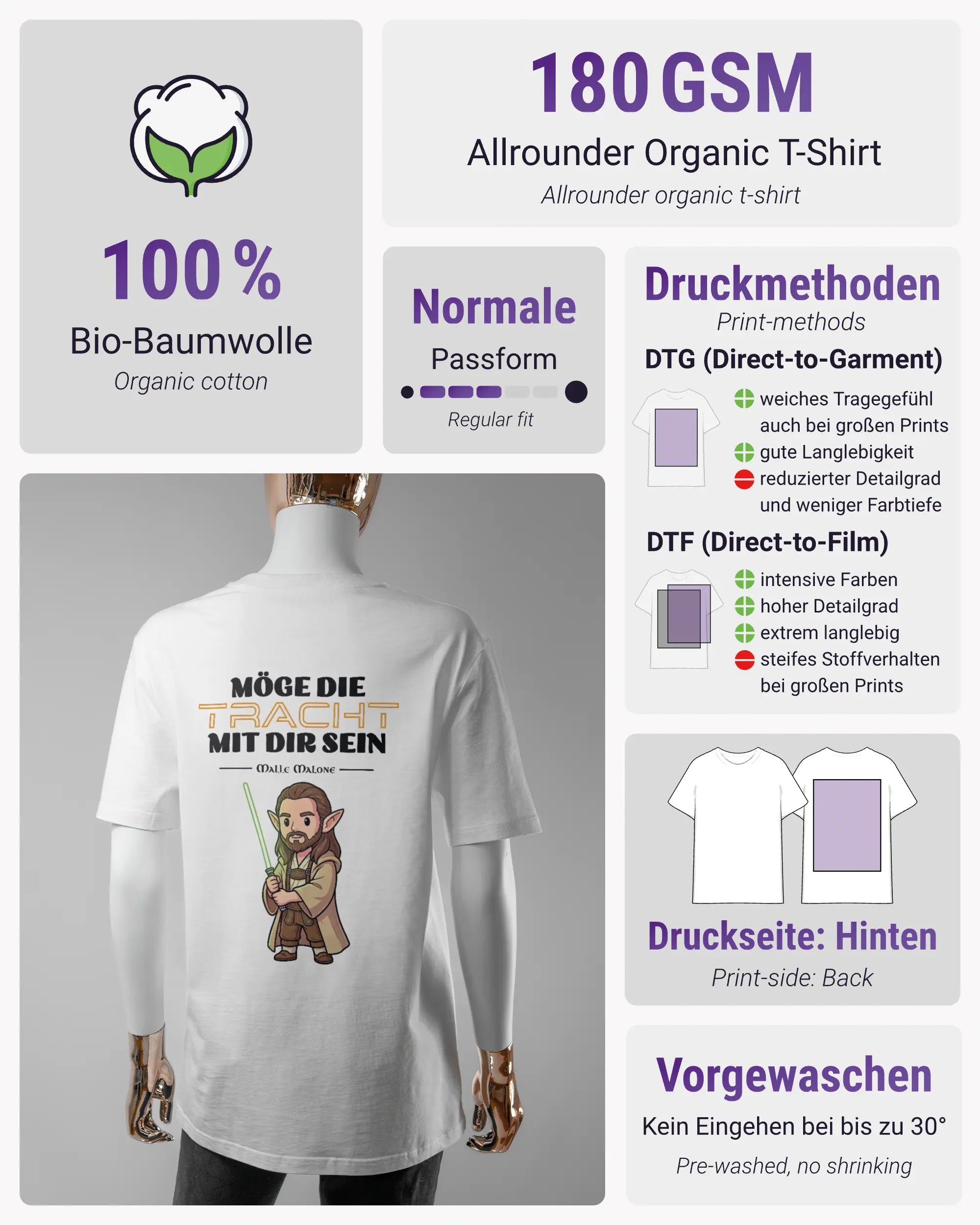 Produktinformationsblatt des Organic Unisex T-Shirt Casual von Maondo mit dem Design Tracht mit dir hinten in der Farbe White und in der Größe S