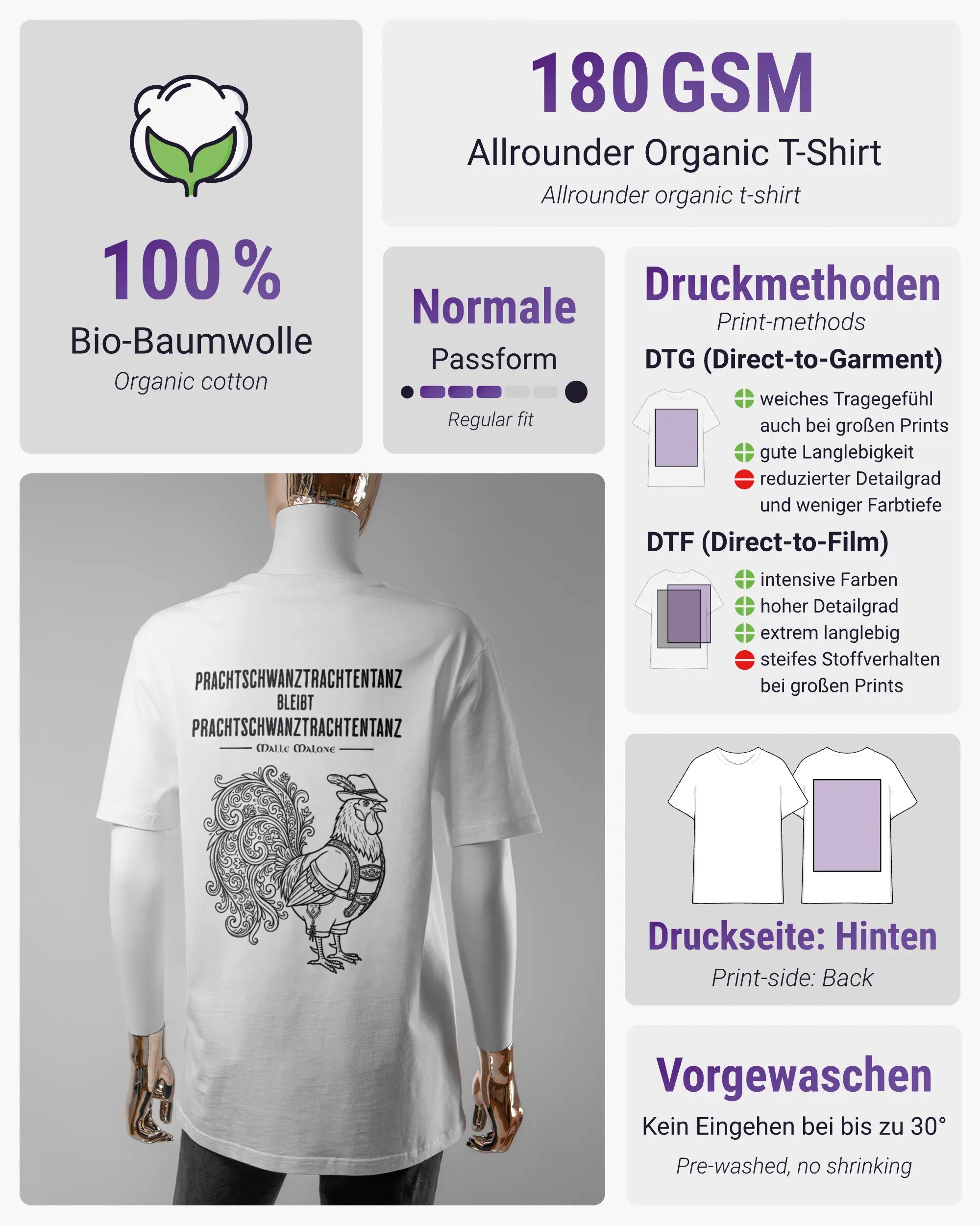 Produktinformationsblatt des Organic Unisex T-Shirt Casual von Maondo mit dem Design Trachtentanz hinten in der Farbe White und in der Größe S