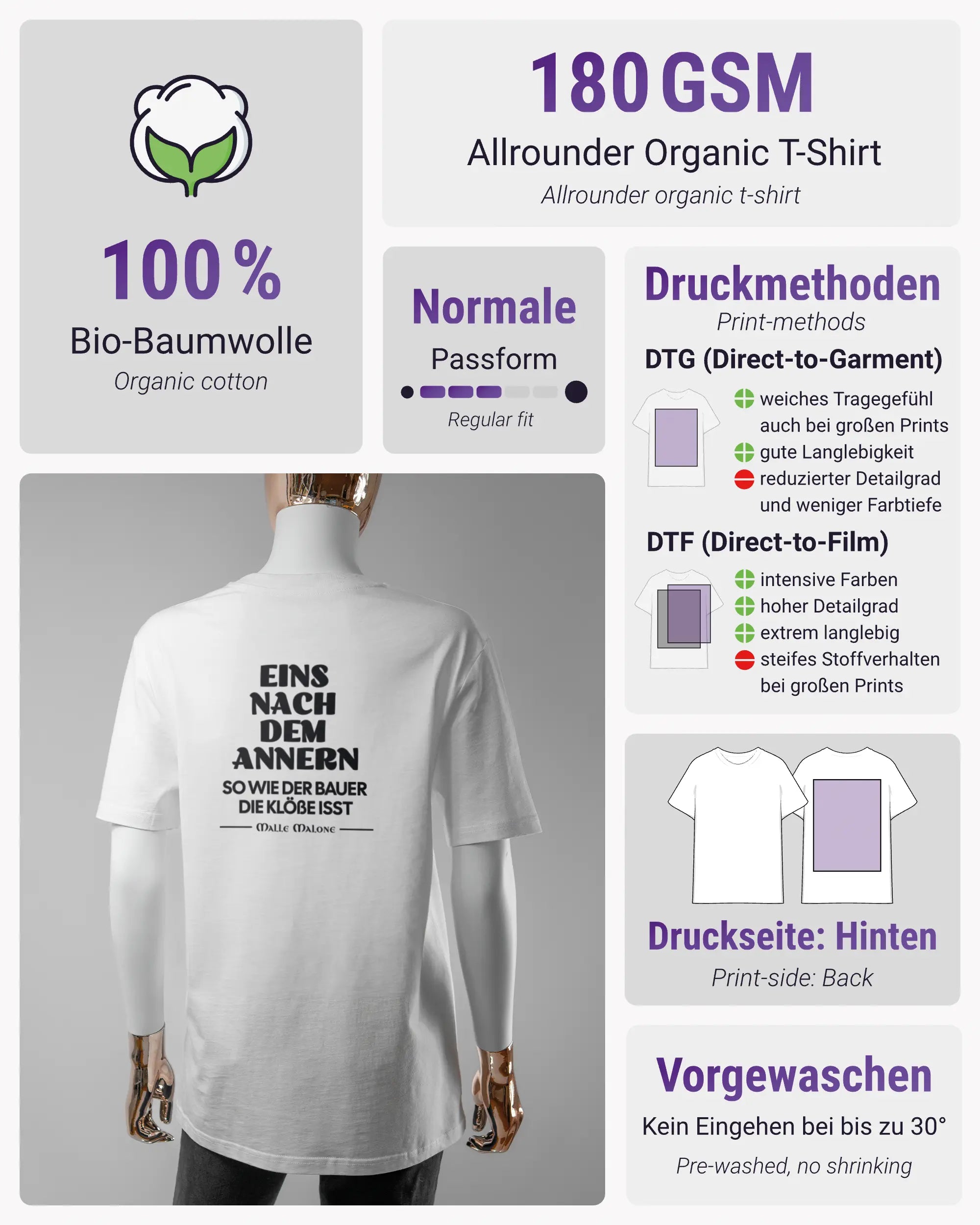Produktinformationsblatt des Organic Unisex T-Shirt Casual von Maondo mit dem Design Eins nach dem Annern hinten in der Farbe White und in der Größe S