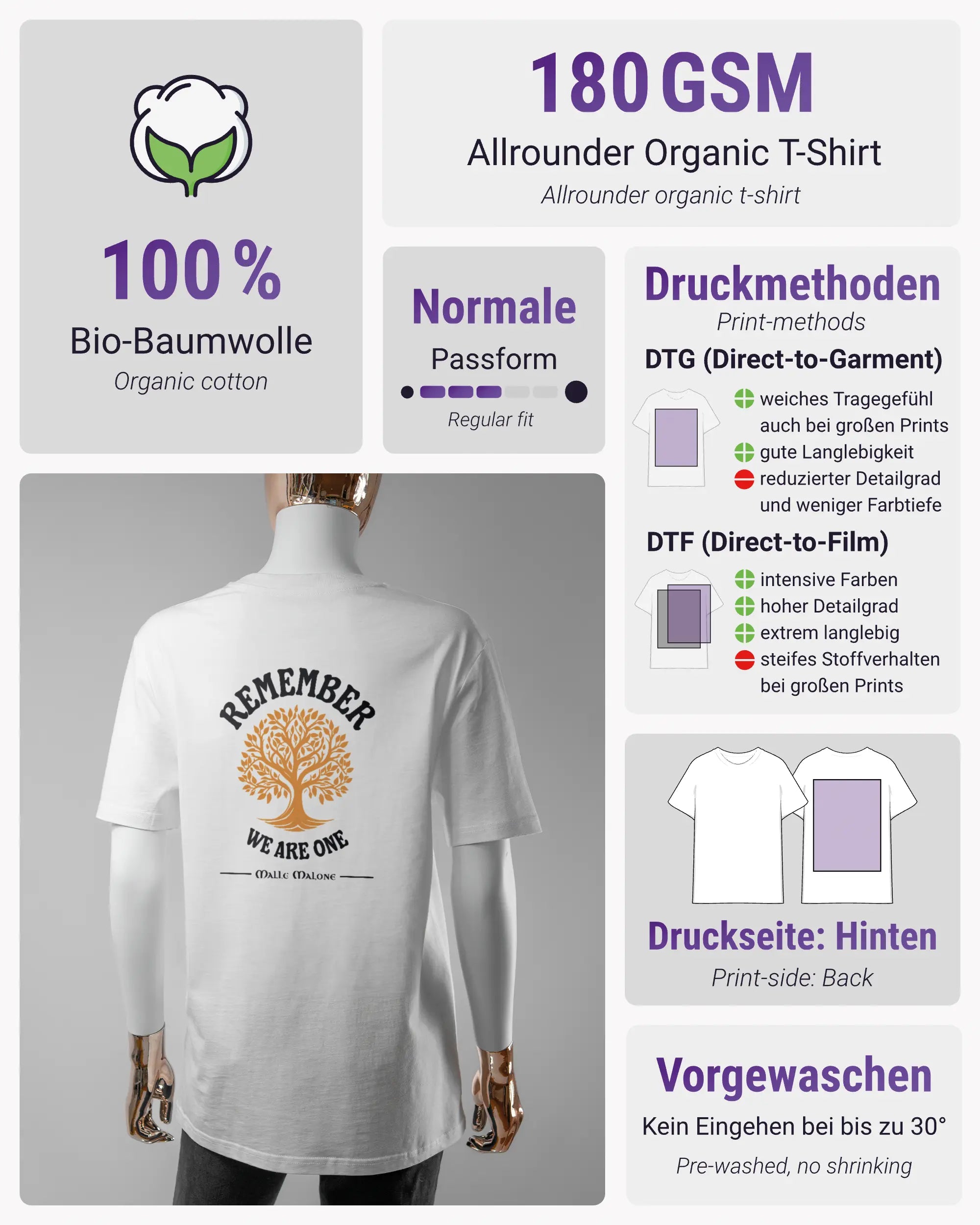 Produktinformationsblatt des Organic Unisex T-Shirt Casual von Maondo mit dem Design We are one hinten in der Farbe White und in der Größe S