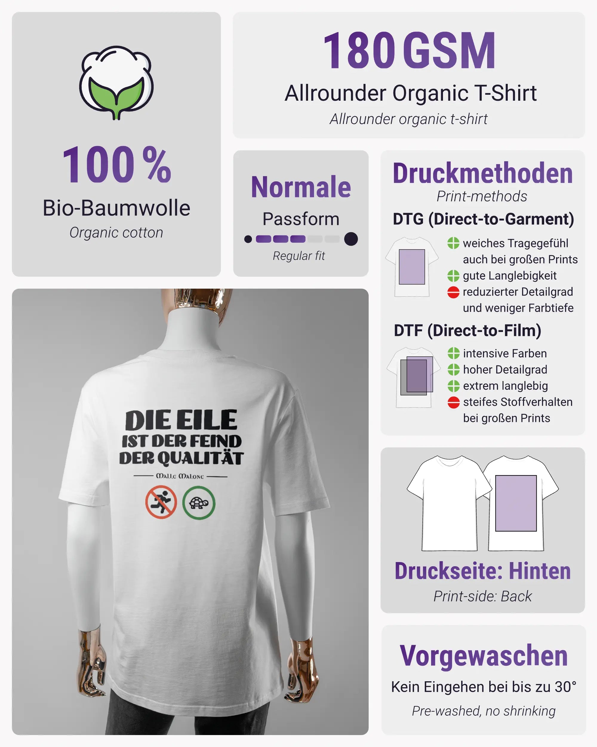 Produktinformationsblatt des Organic Unisex T-Shirt Casual von Maondo mit dem Design Keine Eile hinten in der Farbe White und in der Größe S