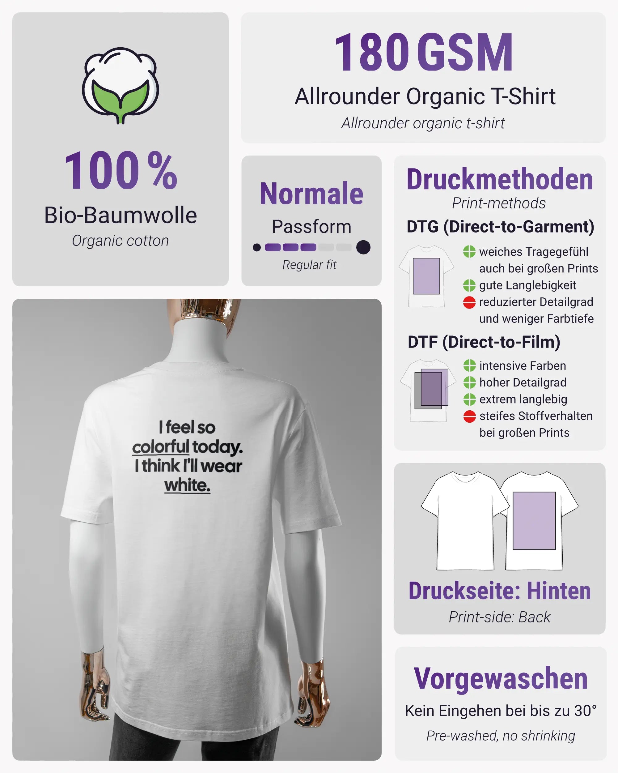 Produktinformationsblatt des Organic Unisex T-Shirt Casual von Maondo mit dem Design Colorful Day hinten in der Farbe White und in der Größe S