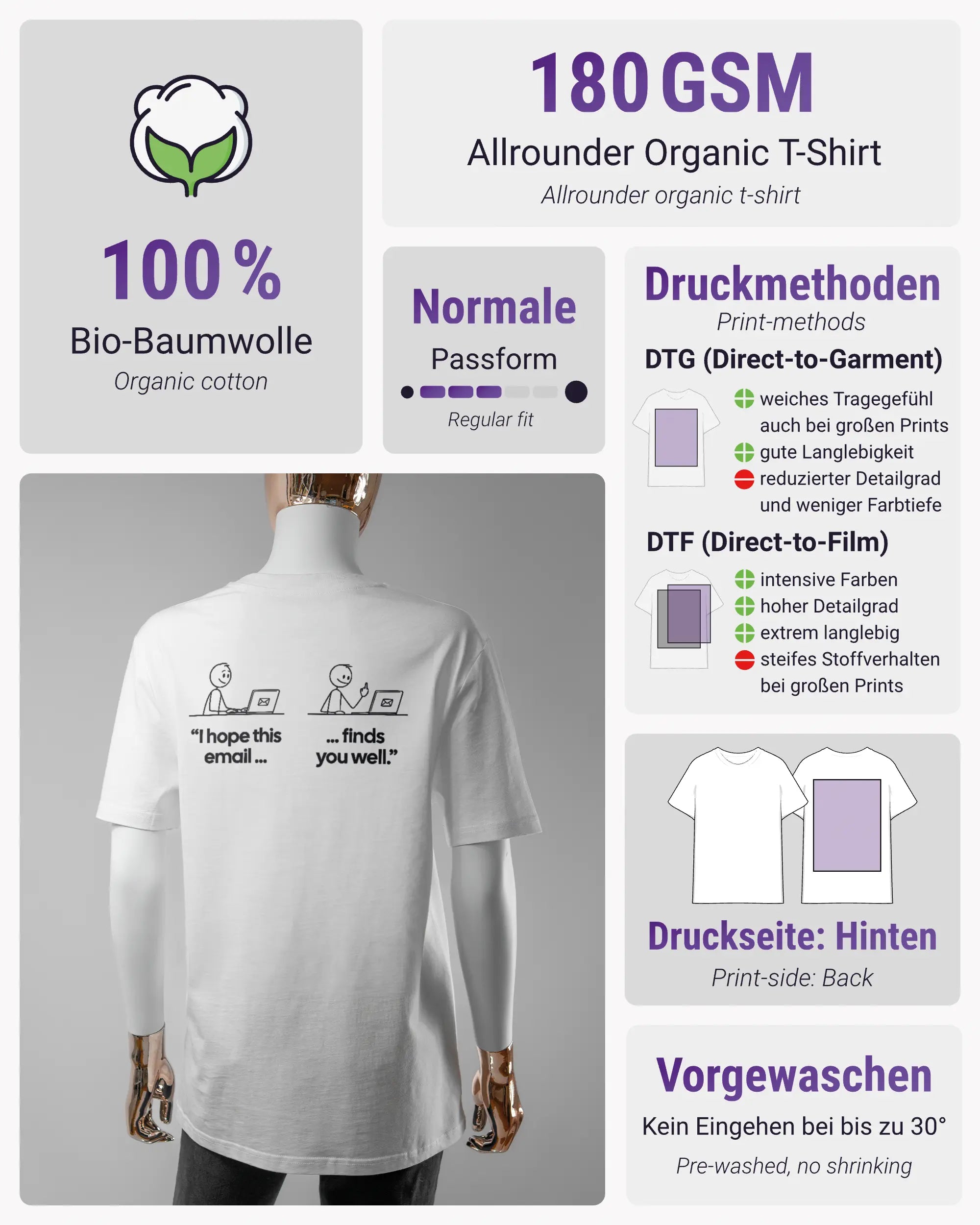 Produktinformationsblatt des Organic Unisex T-Shirt Casual von Maondo mit dem Design Found me not well hinten in der Farbe White und in der Größe S