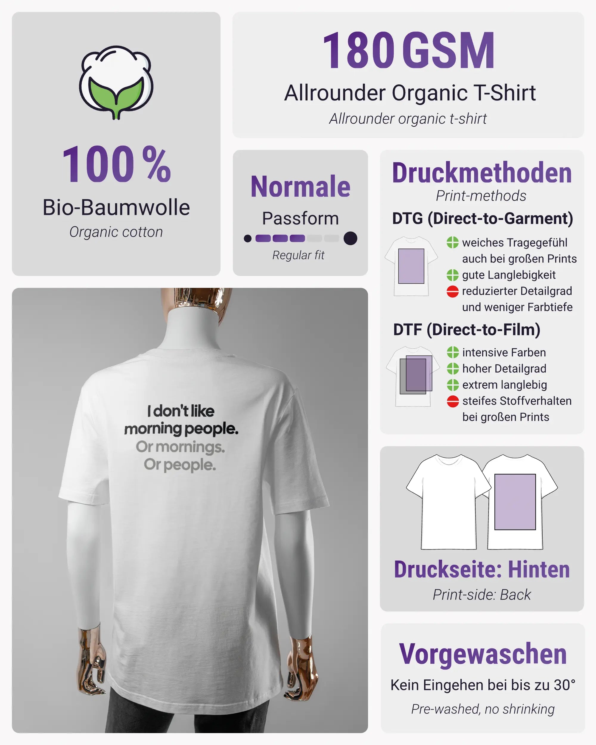 Produktinformationsblatt des Organic Unisex T-Shirt Casual von Maondo mit dem Design Morning Person hinten in der Farbe White und in der Größe S