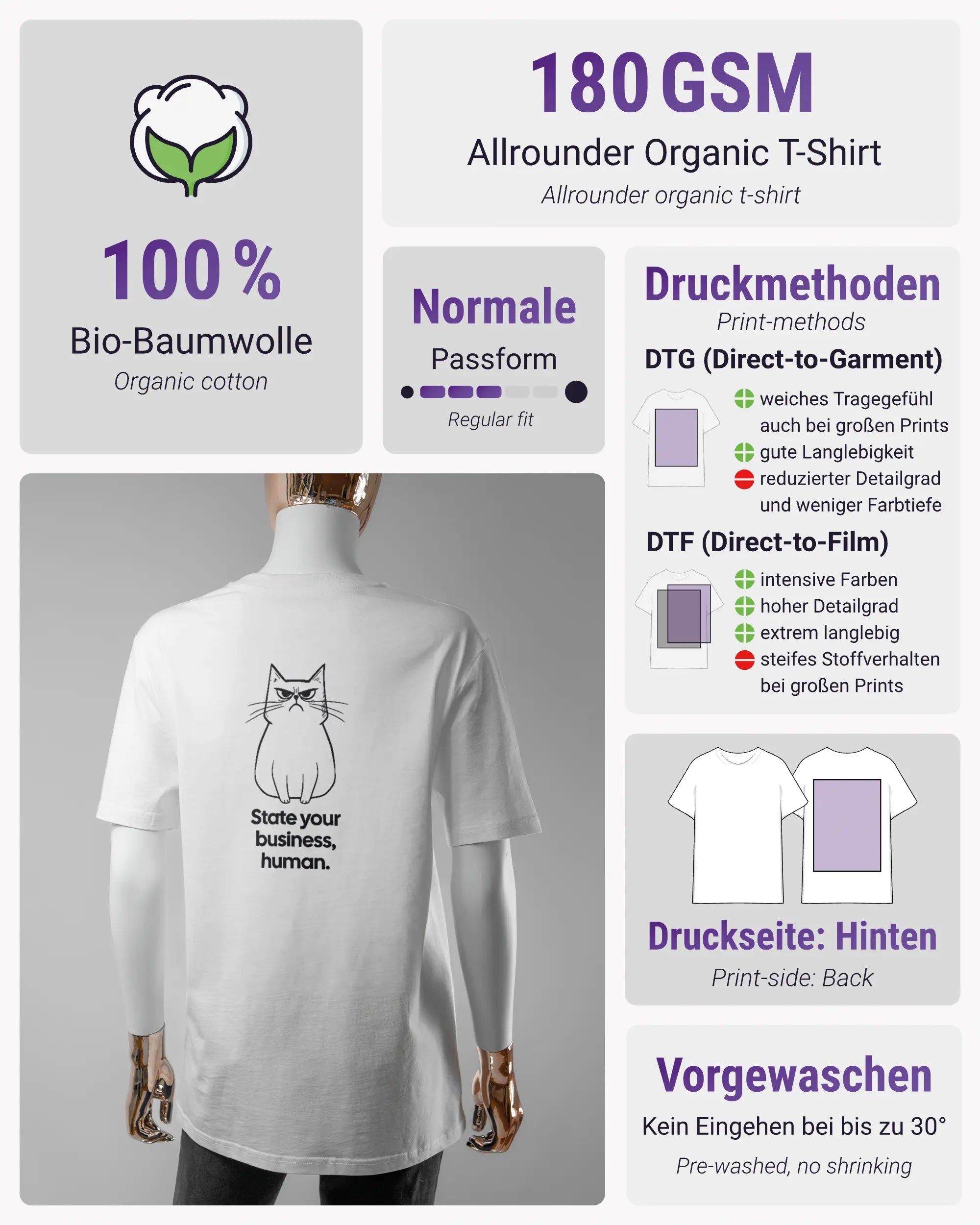 Produktinformationsblatt des Organic Unisex T-Shirt Casual von Maondo mit dem Design Grumpy Purr hinten in der Farbe White und in der Größe S