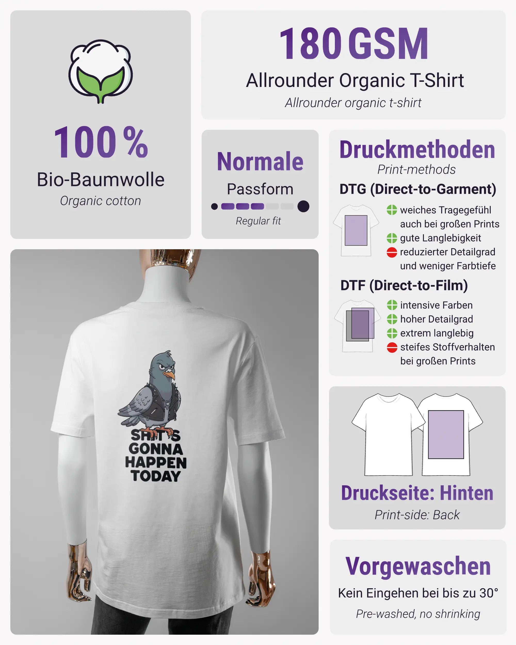 Produktinformationsblatt des Organic Unisex T-Shirt Casual von Maondo mit dem Design Pigeon Pun hinten in der Farbe White und in der Größe S