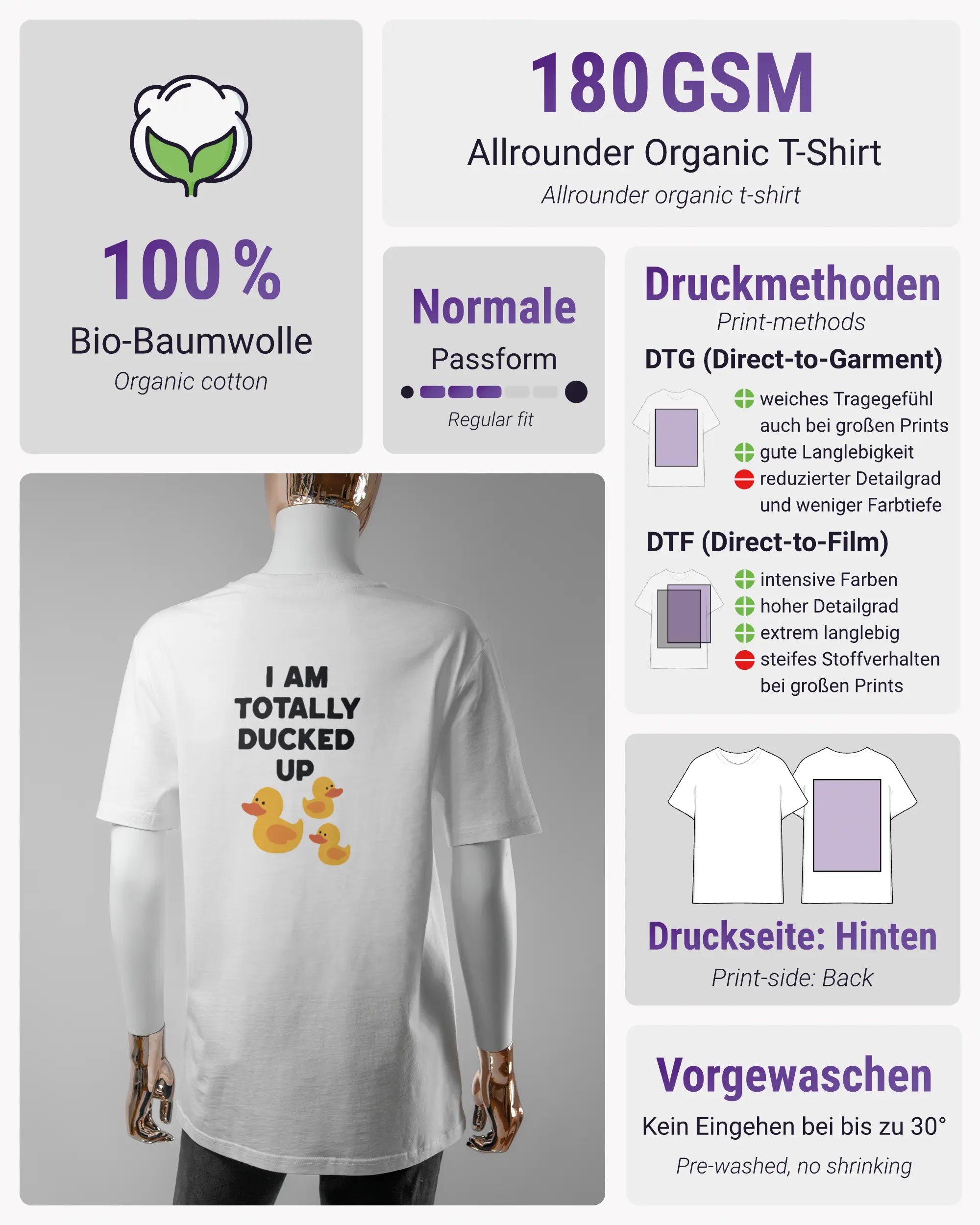 Produktinformationsblatt des Organic Unisex T-Shirt Casual von Maondo mit dem Design Ducked Up hinten in der Farbe White und in der Größe S