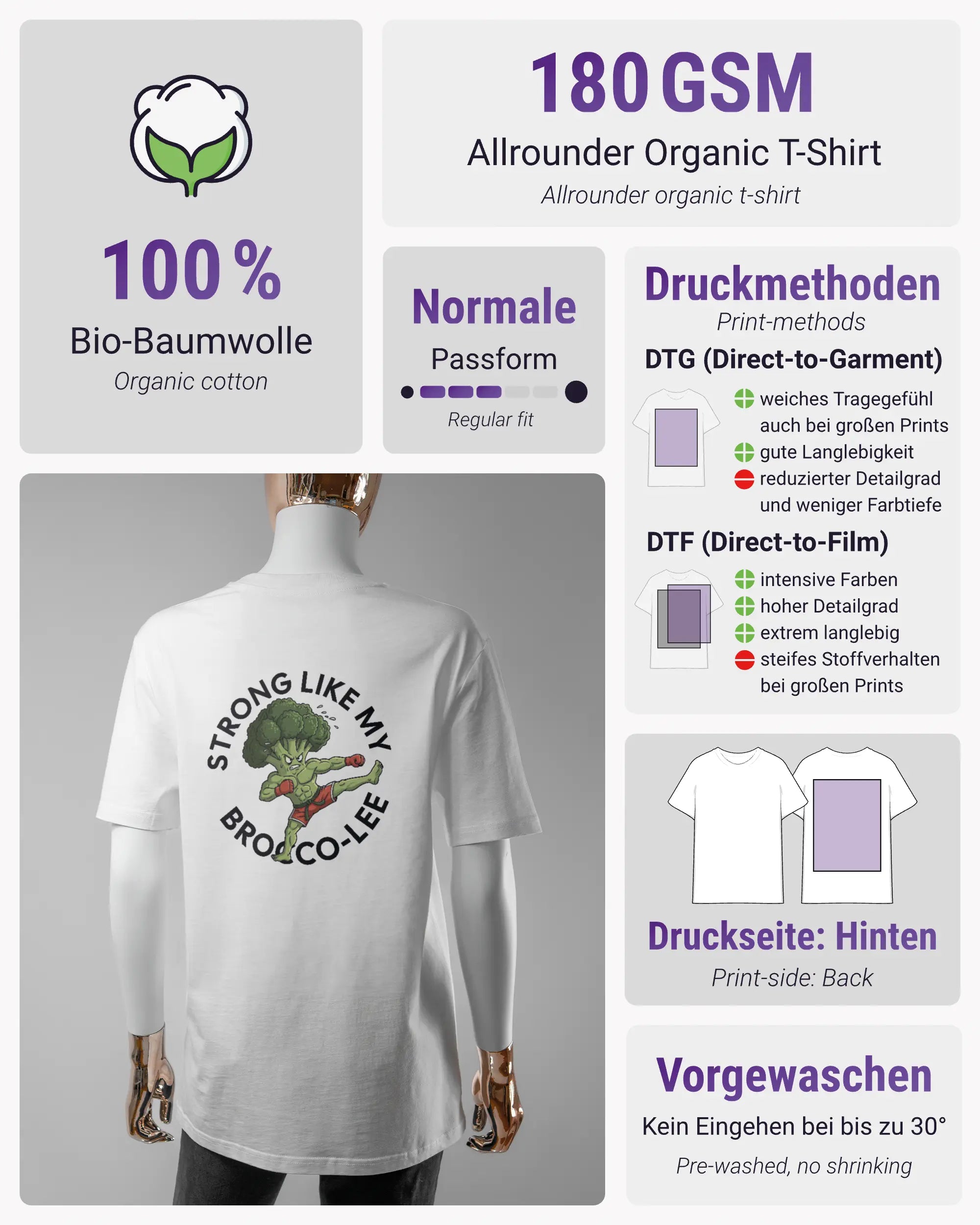 Produktinformationsblatt des Organic Unisex T-Shirt Casual von Maondo mit dem Design Brocco-Lee hinten in der Farbe White und in der Größe S