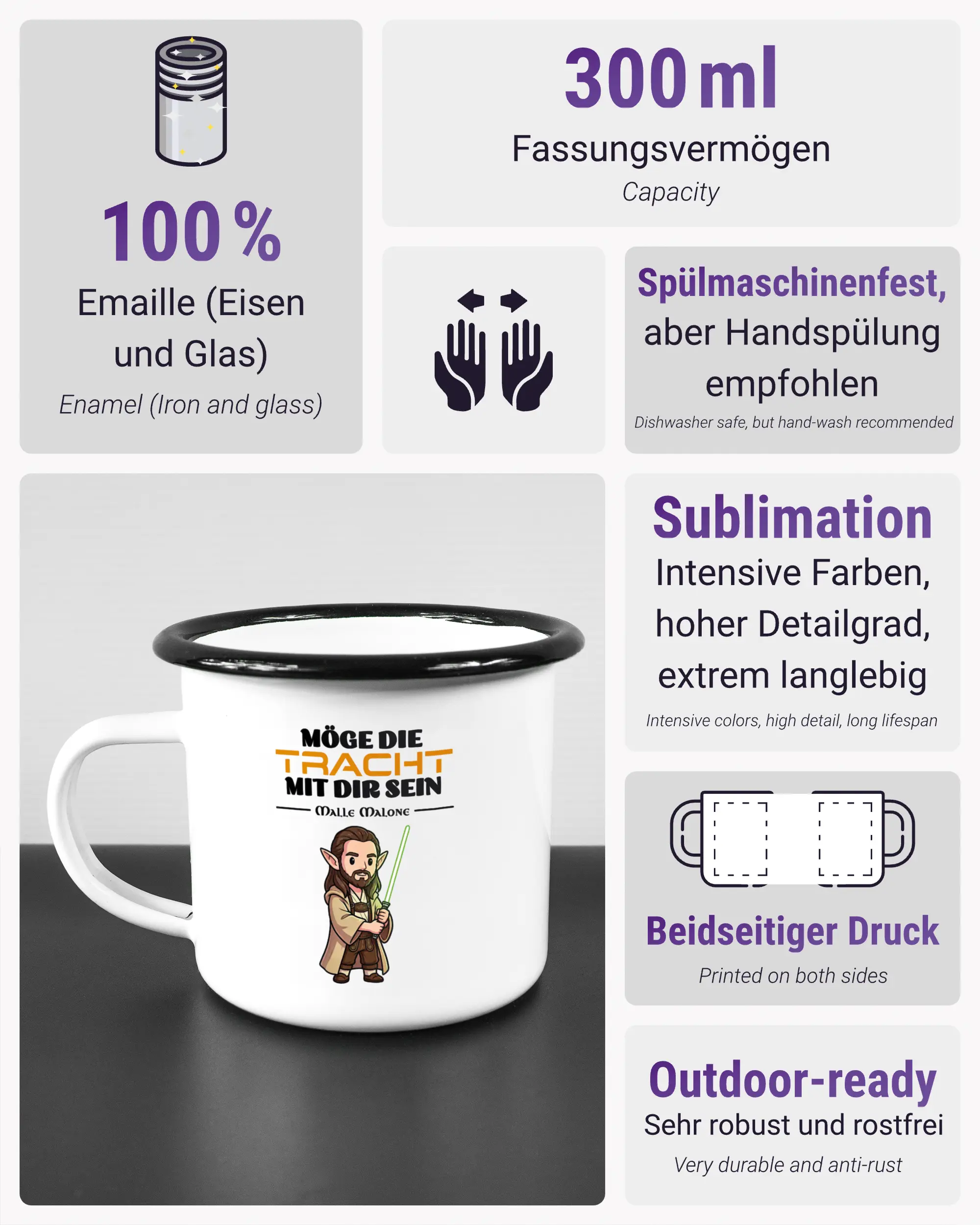 Produktinformationsblatt der beidseitig bedruckten Emailletasse von Maondo mit dem Design Tracht mit dir in der Farbe White-Black