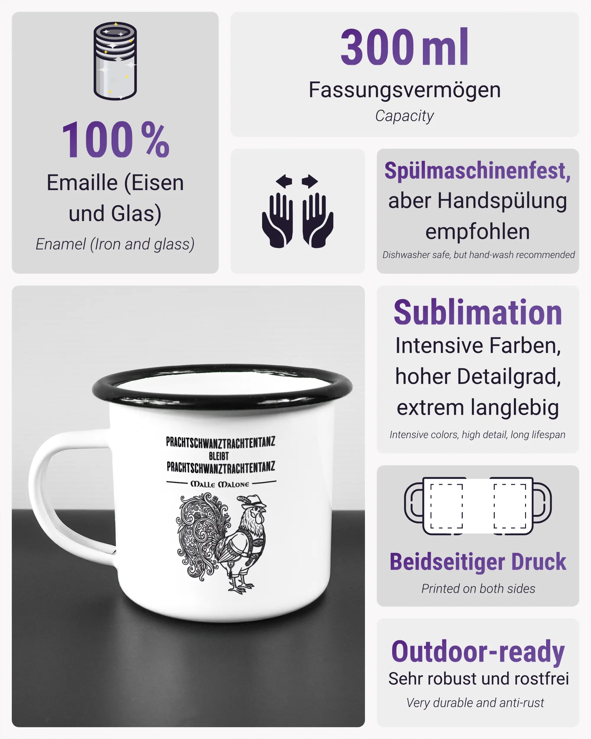 Produktinformationsblatt der beidseitig bedruckten Emailletasse von Maondo mit dem Design Trachtentanz in der Farbe White-Black