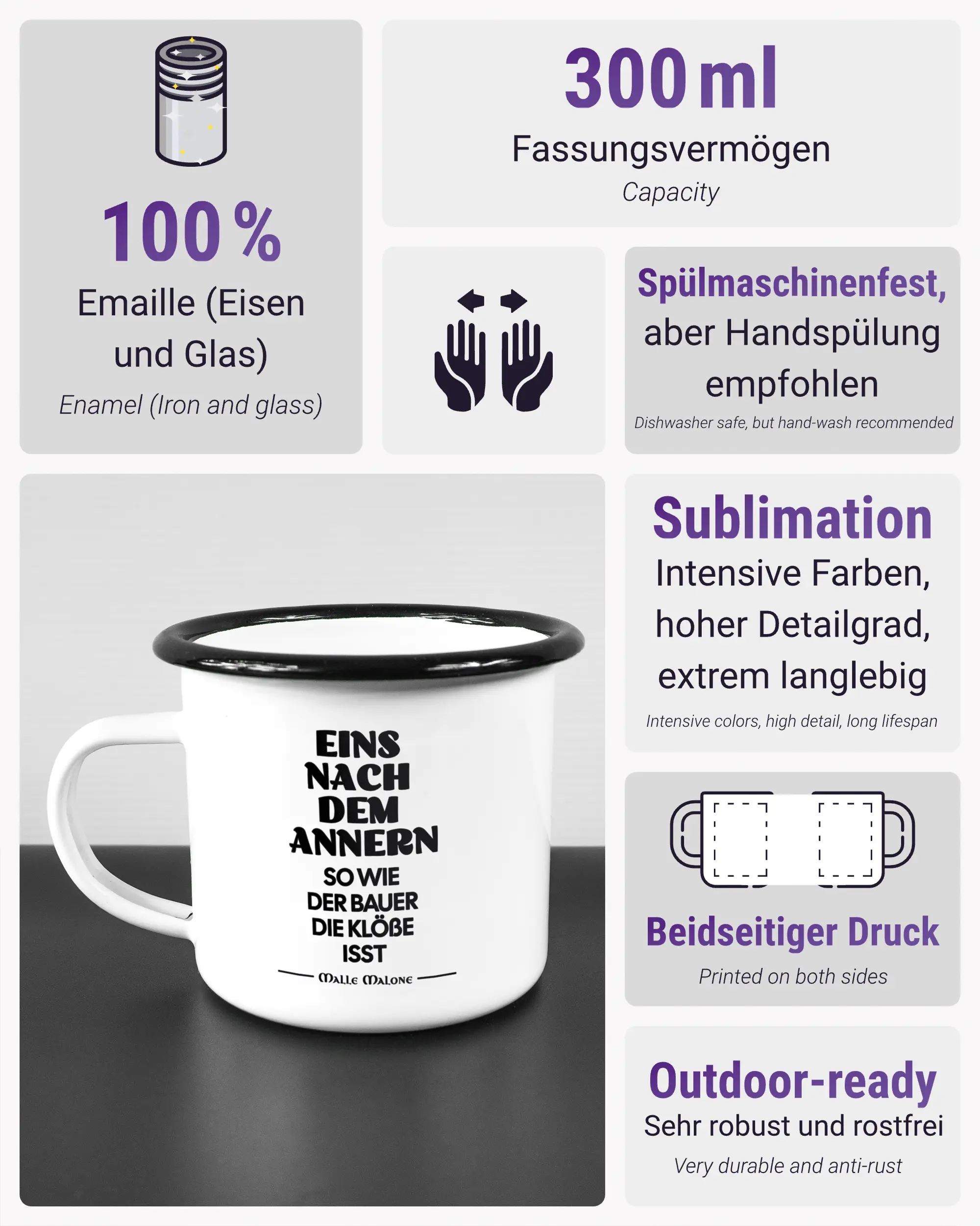 Produktinformationsblatt der beidseitig bedruckten Emailletasse von Maondo mit dem Design Eins nach dem Annern in der Farbe White-Black
