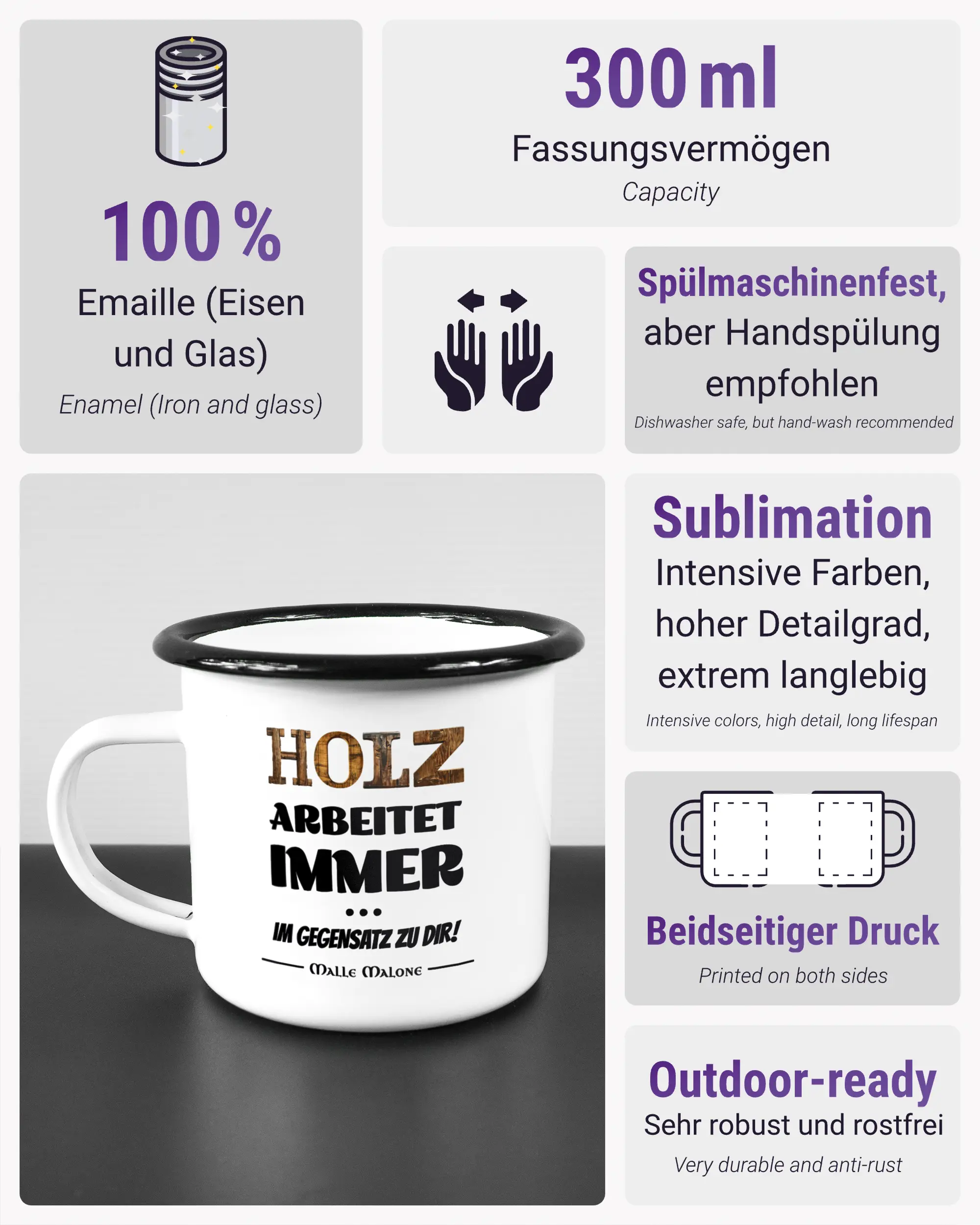 Produktinformationsblatt der beidseitig bedruckten Emailletasse von Maondo mit dem Design Holzarbeit in der Farbe White-Black