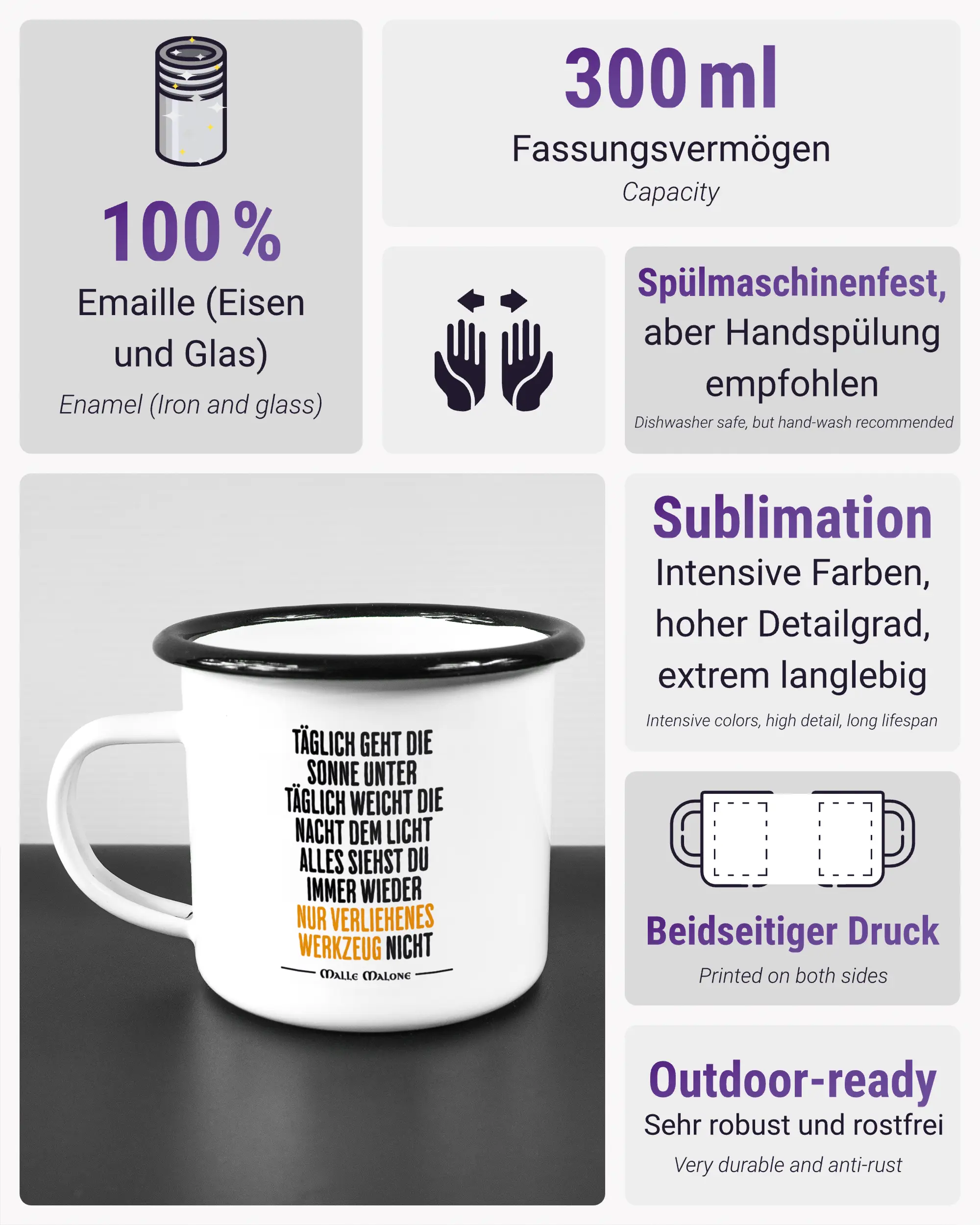 Produktinformationsblatt der beidseitig bedruckten Emailletasse von Maondo mit dem Design Wegzeug in der Farbe White-Black