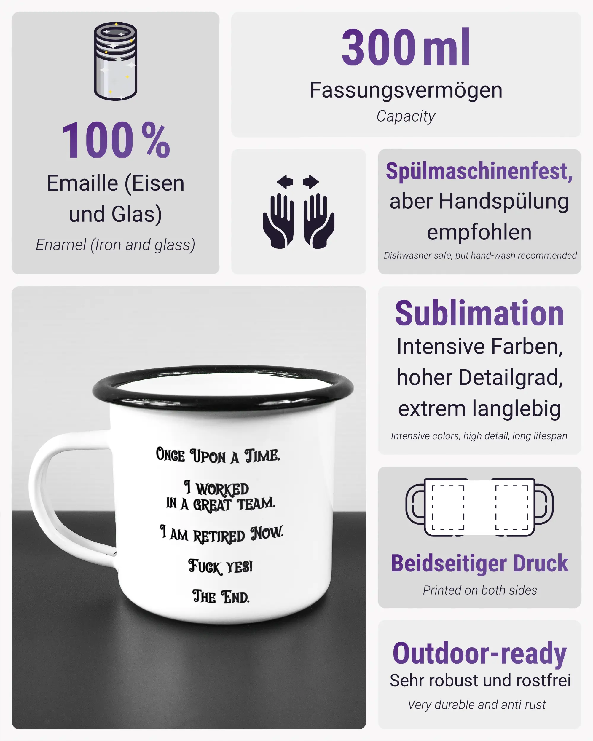 Produktinformationsblatt der beidseitig bedruckten Emailletasse von Maondo mit dem Design Finally Retired in der Farbe White-Black