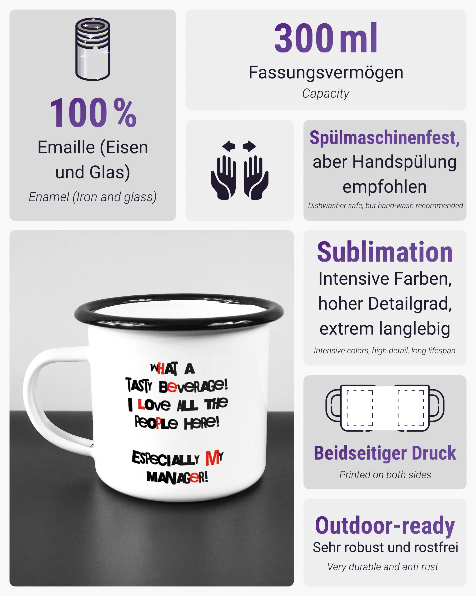 Produktinformationsblatt der beidseitig bedruckten Emailletasse von Maondo mit dem Design Help me in der Farbe White-Black