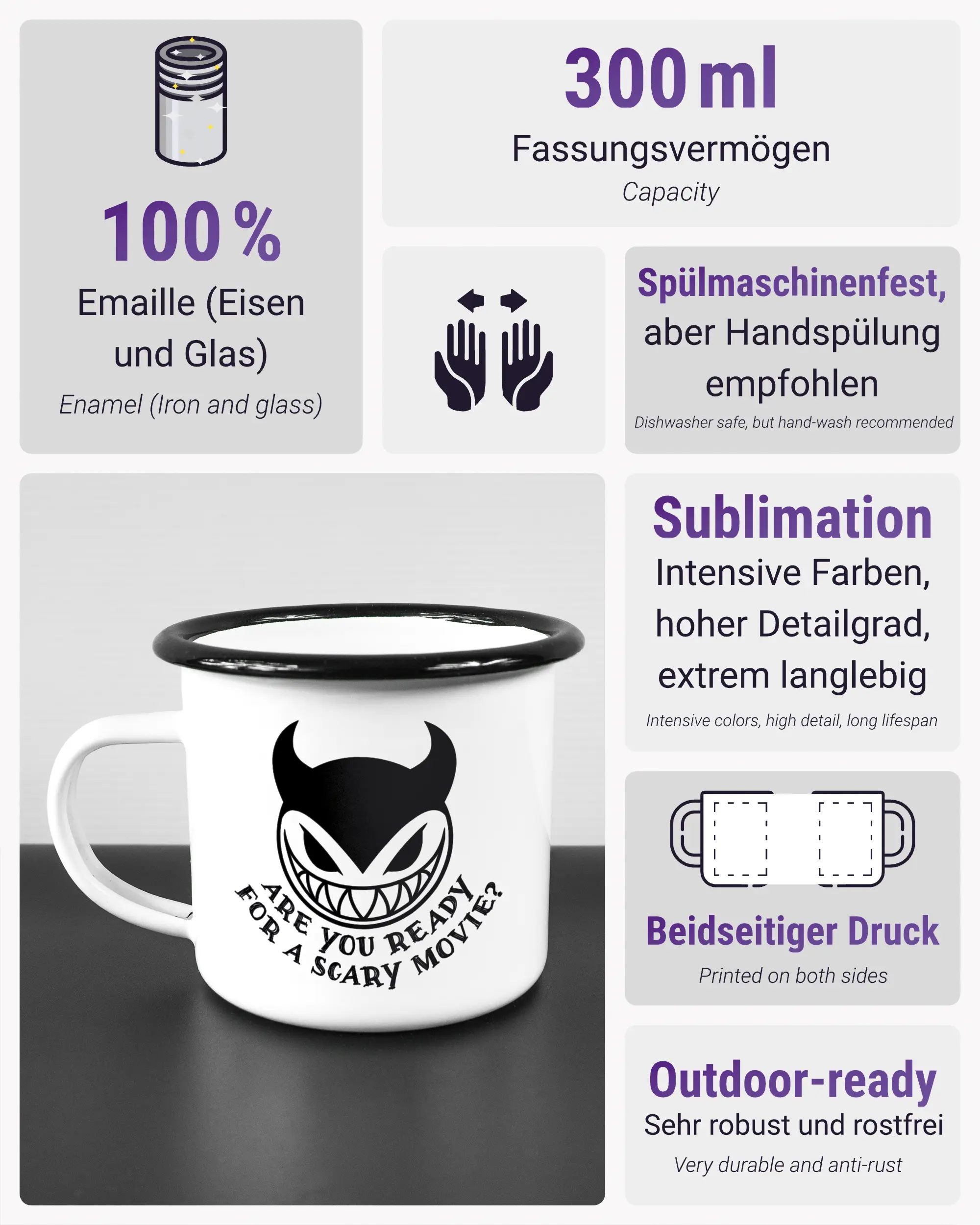 Produktinformationsblatt der beidseitig bedruckten Emailletasse von Maondo mit dem Design Scary Movie in der Farbe White-Black