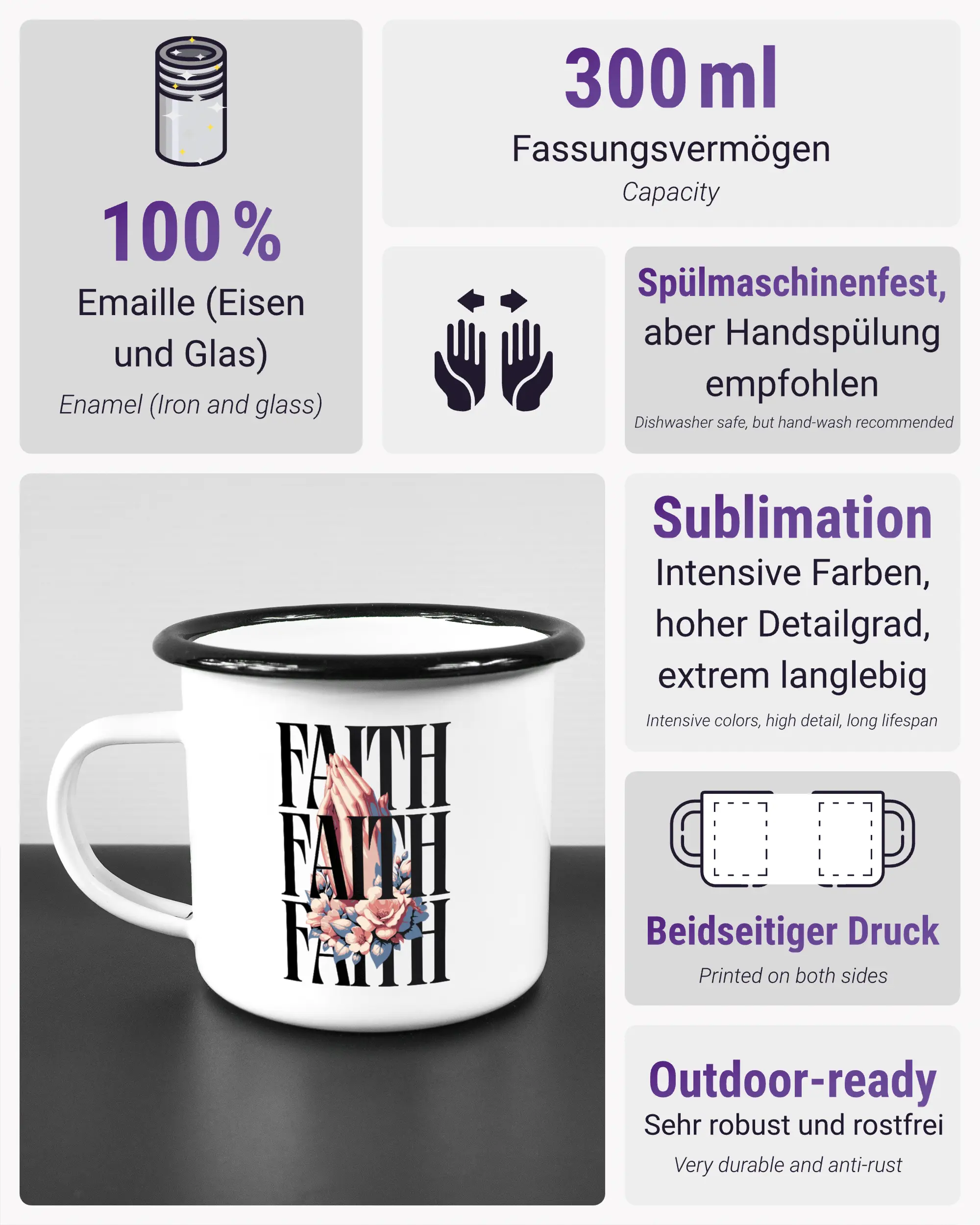 Produktinformationsblatt der beidseitig bedruckten Emailletasse von Maondo mit dem Design Faith X3 in der Farbe White-Black