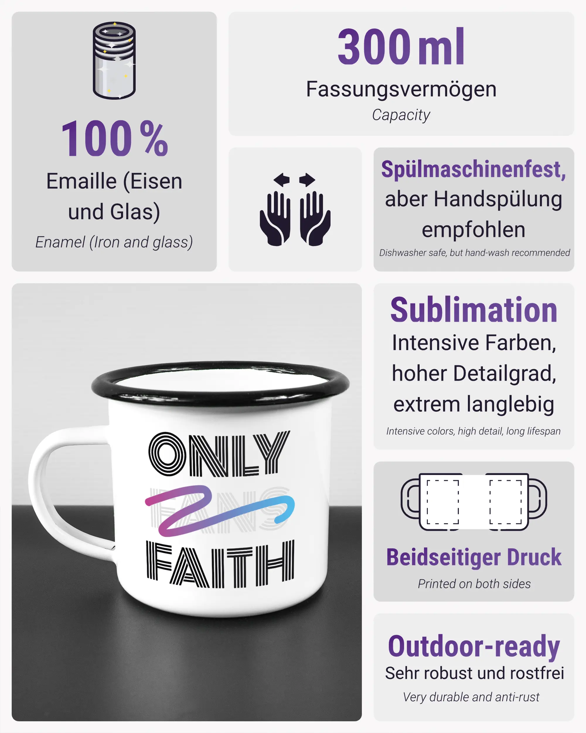 Produktinformationsblatt der beidseitig bedruckten Emailletasse von Maondo mit dem Design Only Faith in der Farbe White-Black