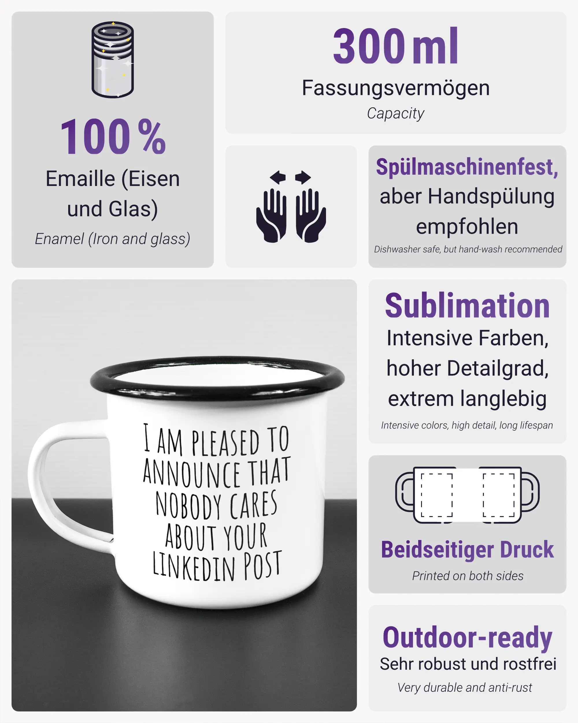 Produktinformationsblatt der beidseitig bedruckten Emailletasse von Maondo mit dem Design Please Unannounce in der Farbe White-Black